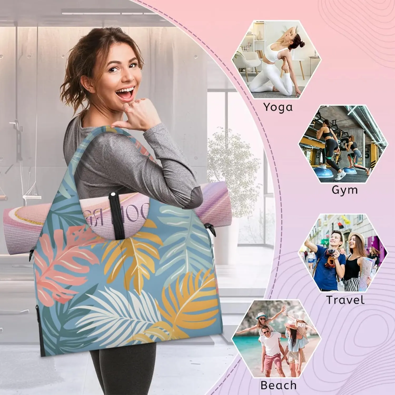 Gym Bag for Women Cartoon Palm Leaves Duffel Bag with Shoe Compartment and Yoga Mat Holder Portable Weekender Bags Travel Tote Bags