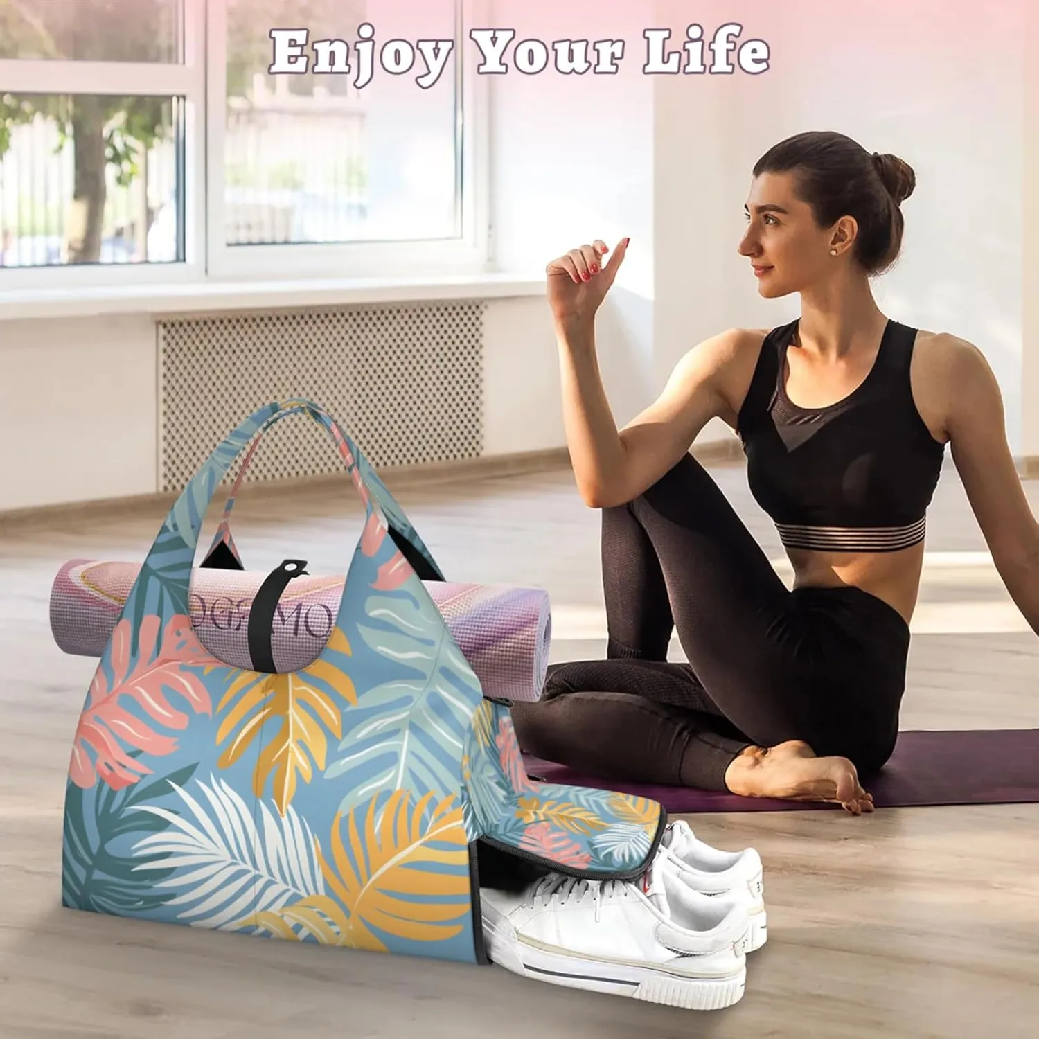 Gym Bag for Women Cartoon Palm Leaves Duffel Bag with Shoe Compartment and Yoga Mat Holder Portable Weekender Bags Travel Tote Bags