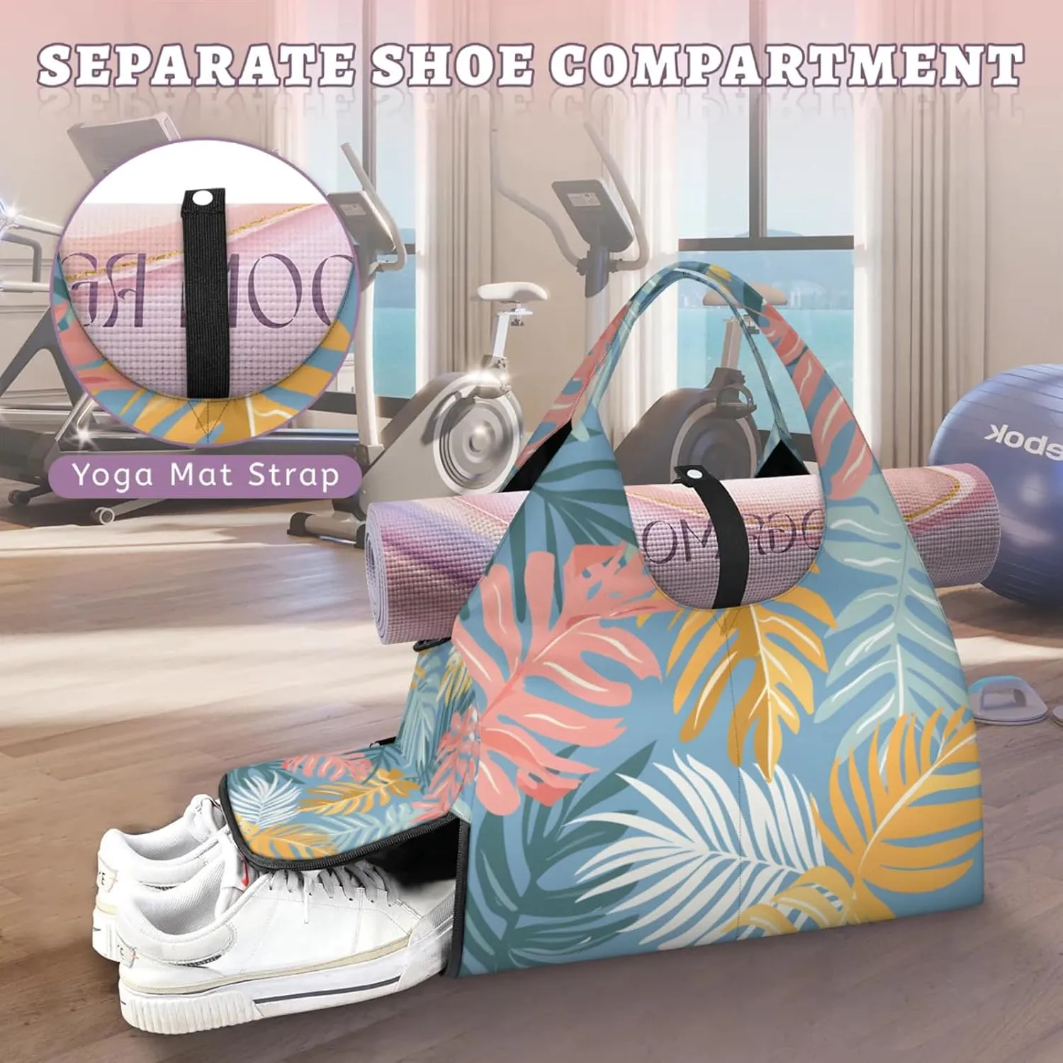 Gym Bag for Women Cartoon Palm Leaves Duffel Bag with Shoe Compartment and Yoga Mat Holder Portable Weekender Bags Travel Tote Bags