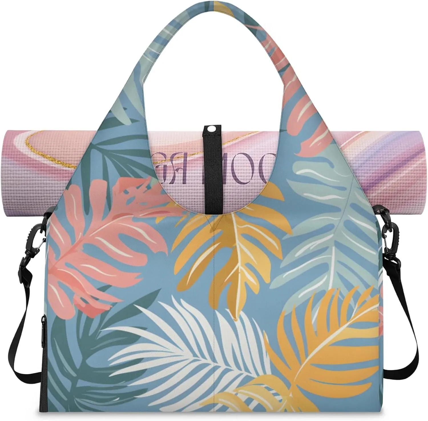 Gym Bag for Women Cartoon Palm Leaves Duffel Bag with Shoe Compartment and Yoga Mat Holder Portable Weekender Bags Travel Tote Bags