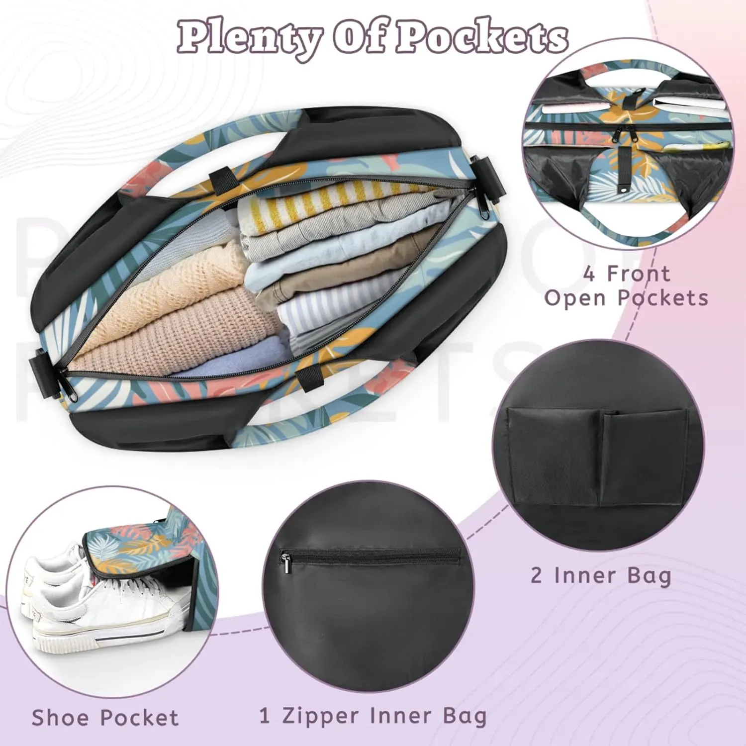 Gym Bag for Women Cartoon Palm Leaves Duffel Bag with Shoe Compartment and Yoga Mat Holder Portable Weekender Bags Travel Tote Bags