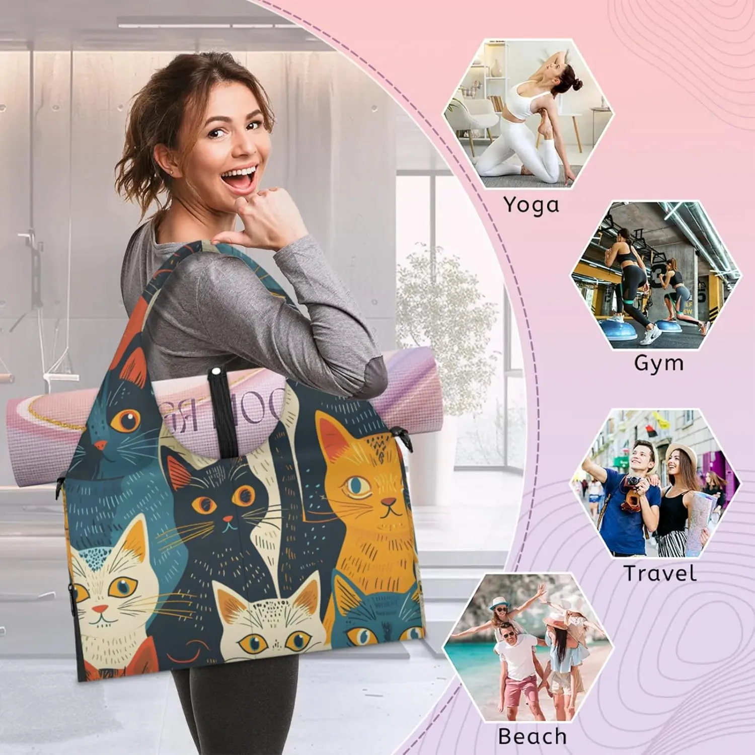 Gym Bag for Women Cat Duffel Bag with Shoe Compartment and Yoga Mat Holder Portable Weekender Bags Travel Tote Bags
