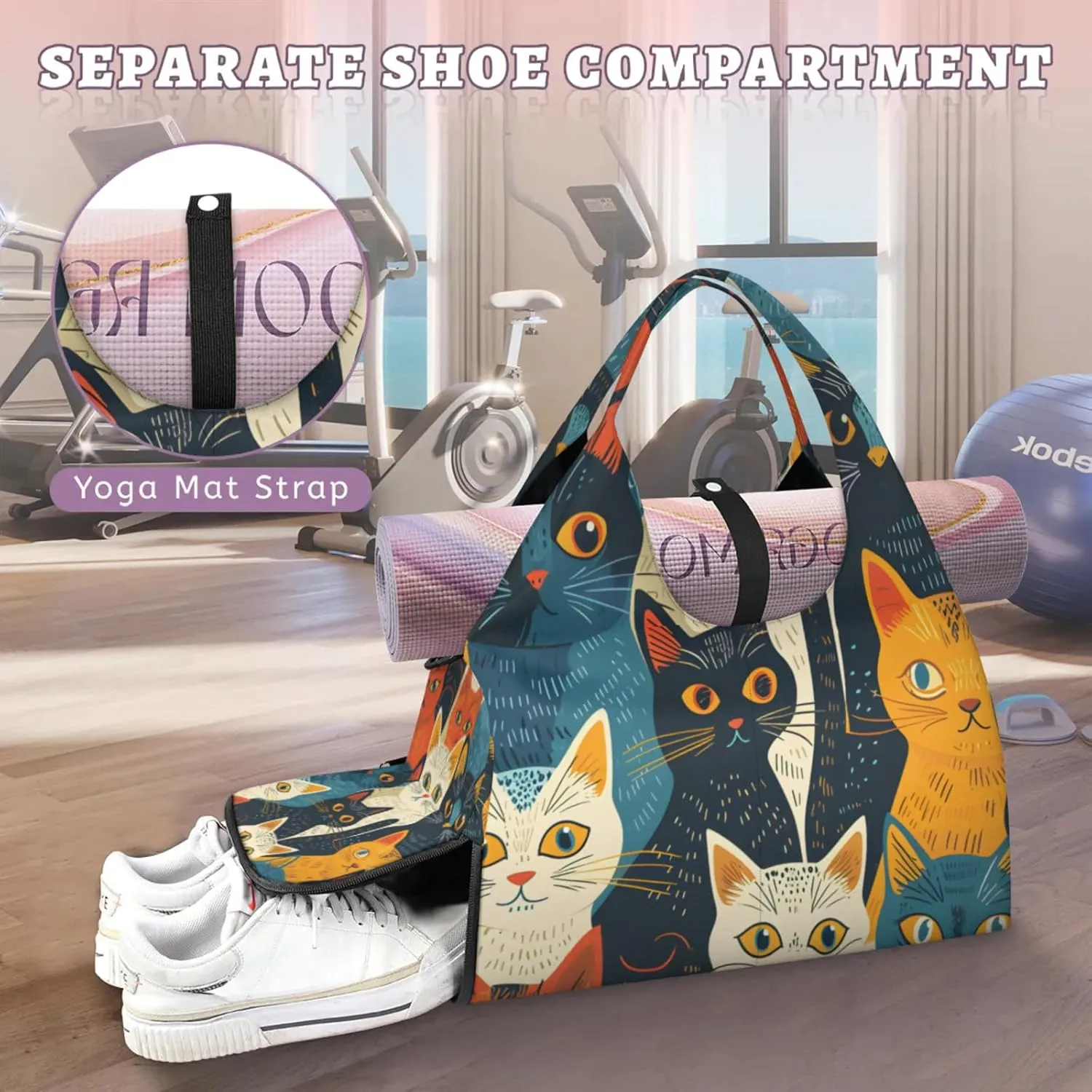 Gym Bag for Women Cat Duffel Bag with Shoe Compartment and Yoga Mat Holder Portable Weekender Bags Travel Tote Bags