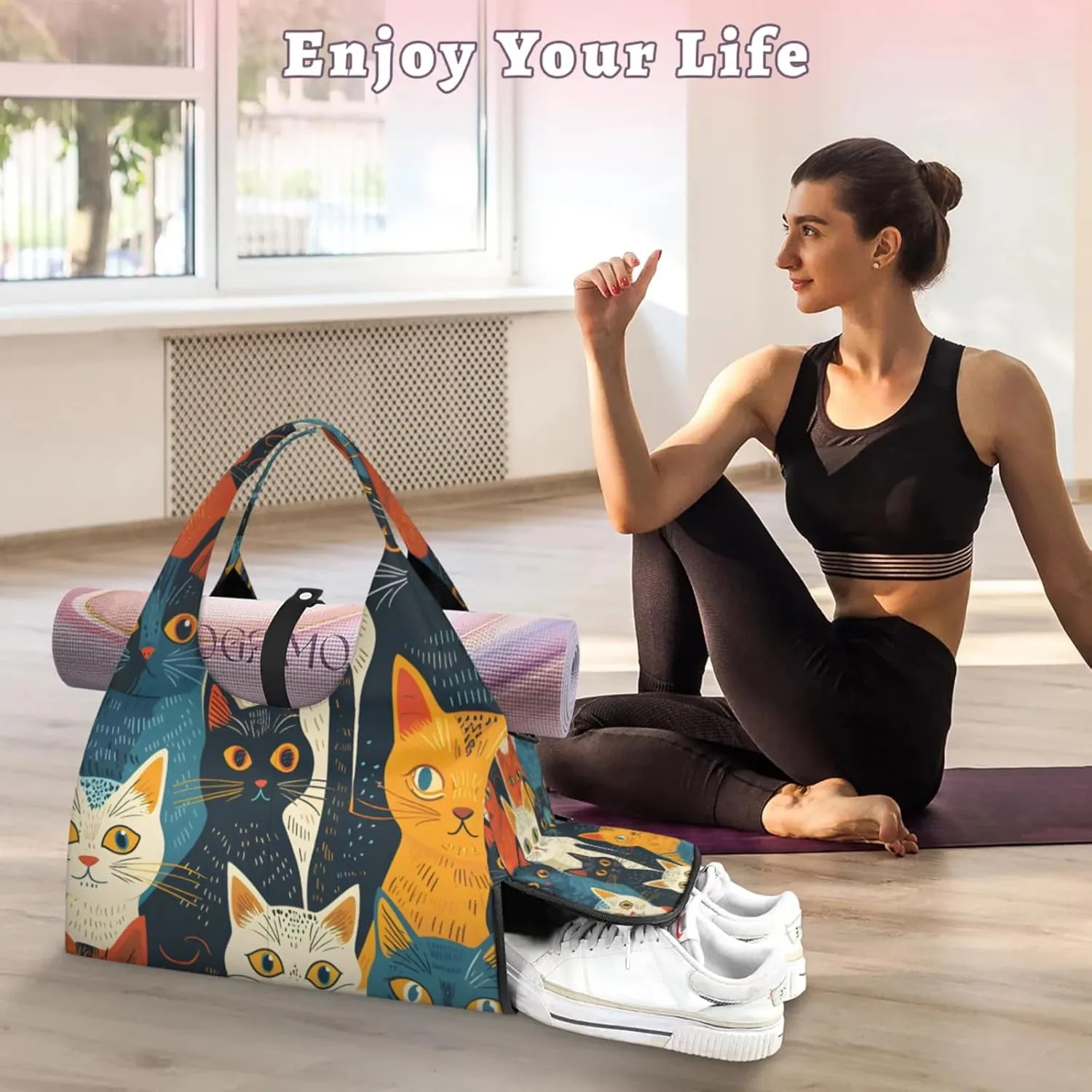 Gym Bag for Women Cat Duffel Bag with Shoe Compartment and Yoga Mat Holder Portable Weekender Bags Travel Tote Bags