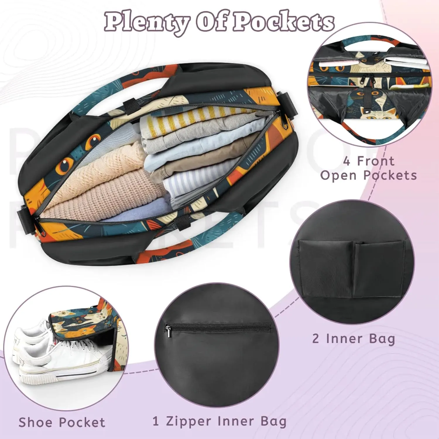 Gym Bag for Women Cat Duffel Bag with Shoe Compartment and Yoga Mat Holder Portable Weekender Bags Travel Tote Bags