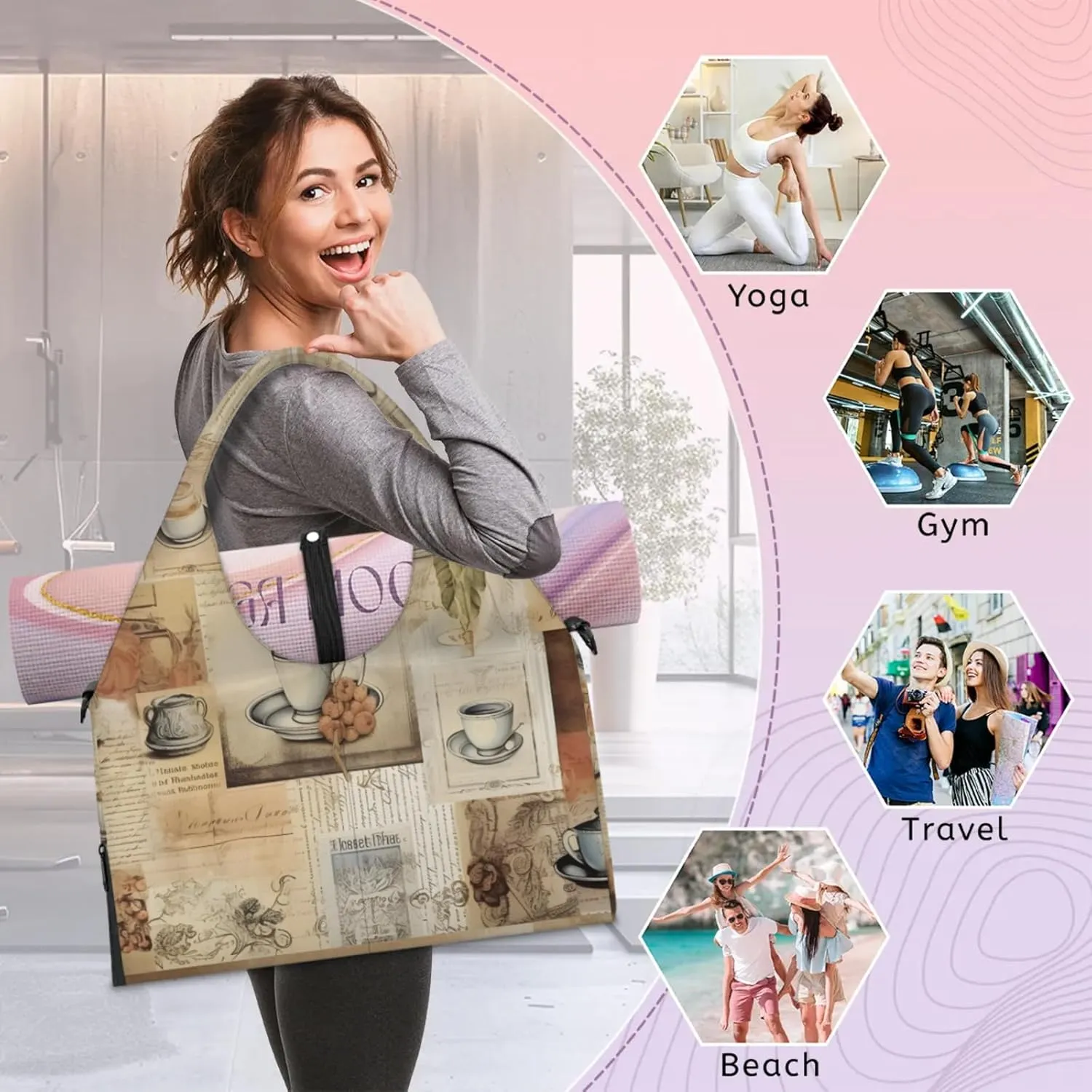 Gym Bag for Women Coffee Theme Duffel Bag with Shoe Compartment and Yoga Mat Holder Portable Weekender Bags Travel Tote Bags