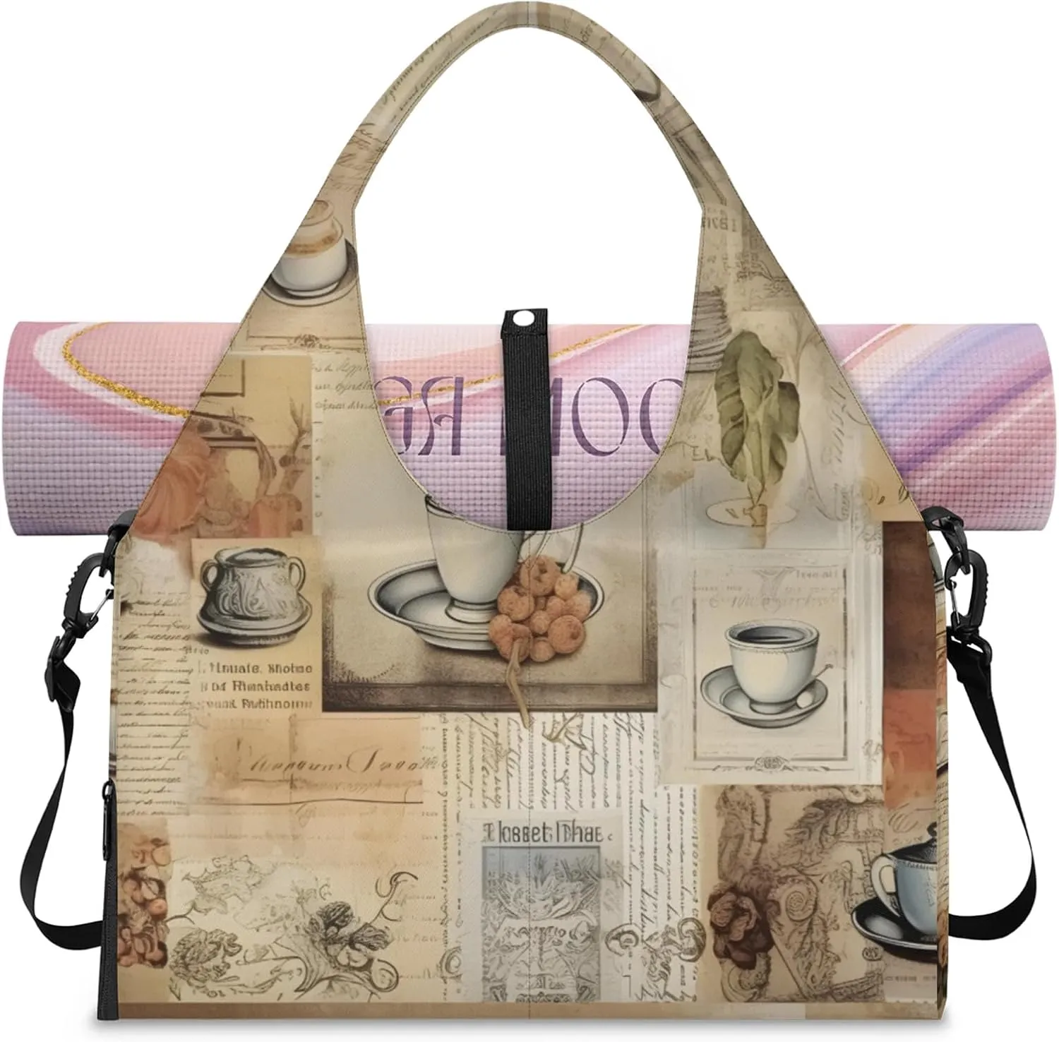 Gym Bag for Women Coffee Theme Duffel Bag with Shoe Compartment and Yoga Mat Holder Portable Weekender Bags Travel Tote Bags