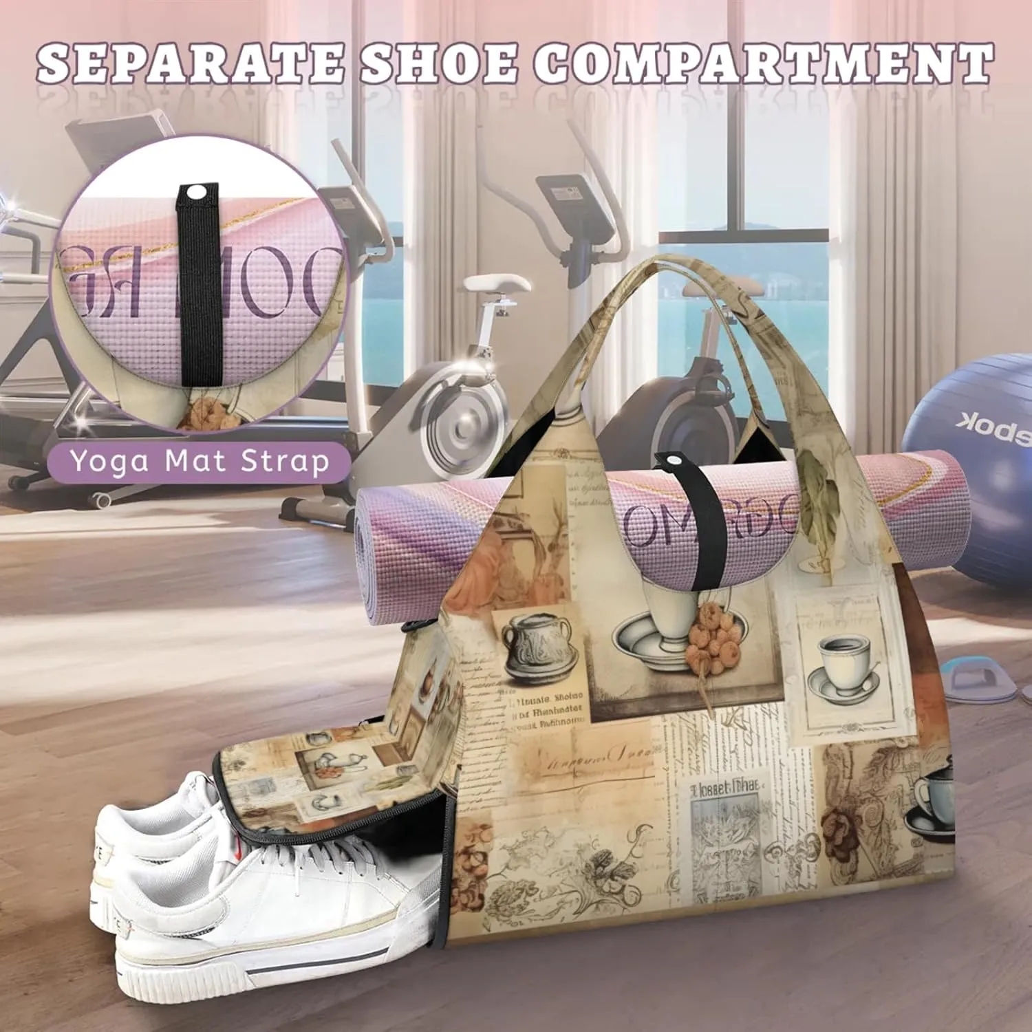 Gym Bag for Women Coffee Theme Duffel Bag with Shoe Compartment and Yoga Mat Holder Portable Weekender Bags Travel Tote Bags