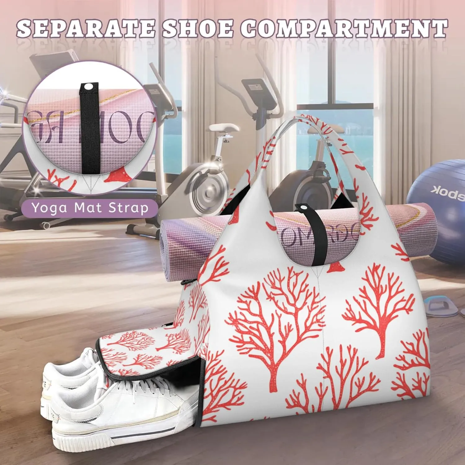 Gym Bag for Women Coral Prints Duffel Bag with Shoe Compartment and Yoga Mat Holder Portable Weekender Bags Travel Tote Bags