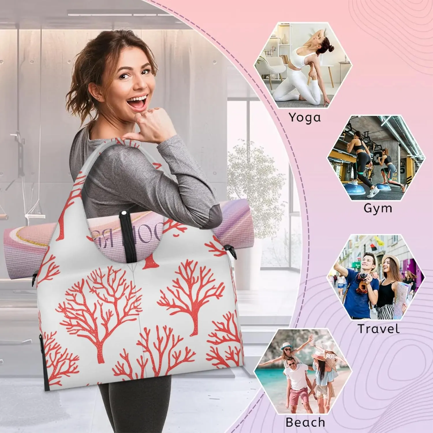 Gym Bag for Women Coral Prints Duffel Bag with Shoe Compartment and Yoga Mat Holder Portable Weekender Bags Travel Tote Bags