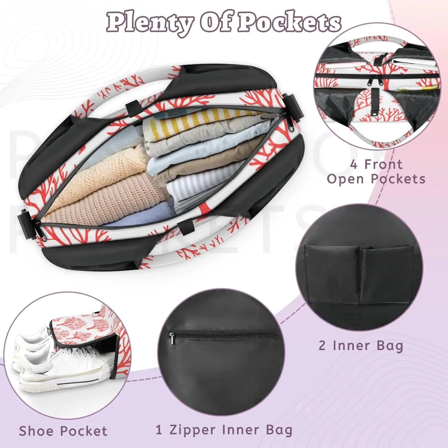 Gym Bag for Women Coral Prints Duffel Bag with Shoe Compartment and Yoga Mat Holder Portable Weekender Bags Travel Tote Bags