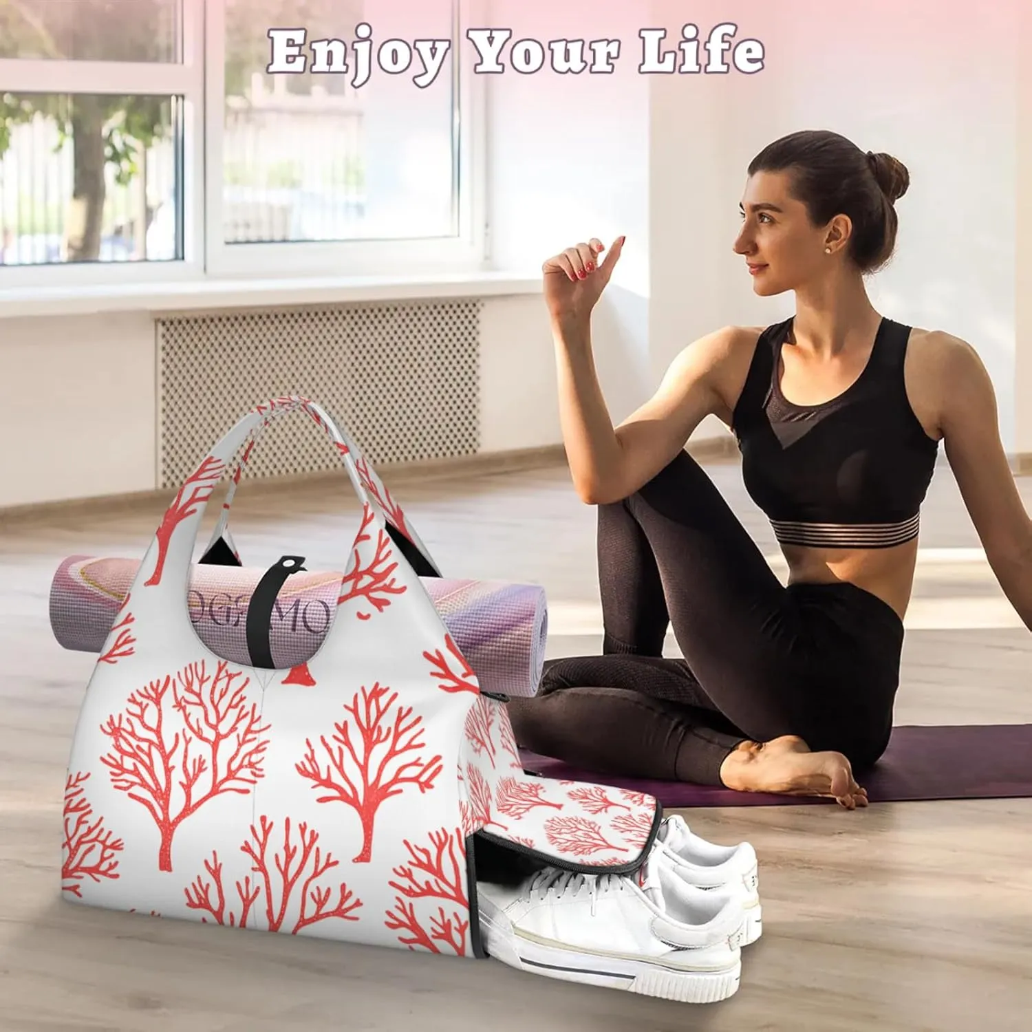 Gym Bag for Women Coral Prints Duffel Bag with Shoe Compartment and Yoga Mat Holder Portable Weekender Bags Travel Tote Bags