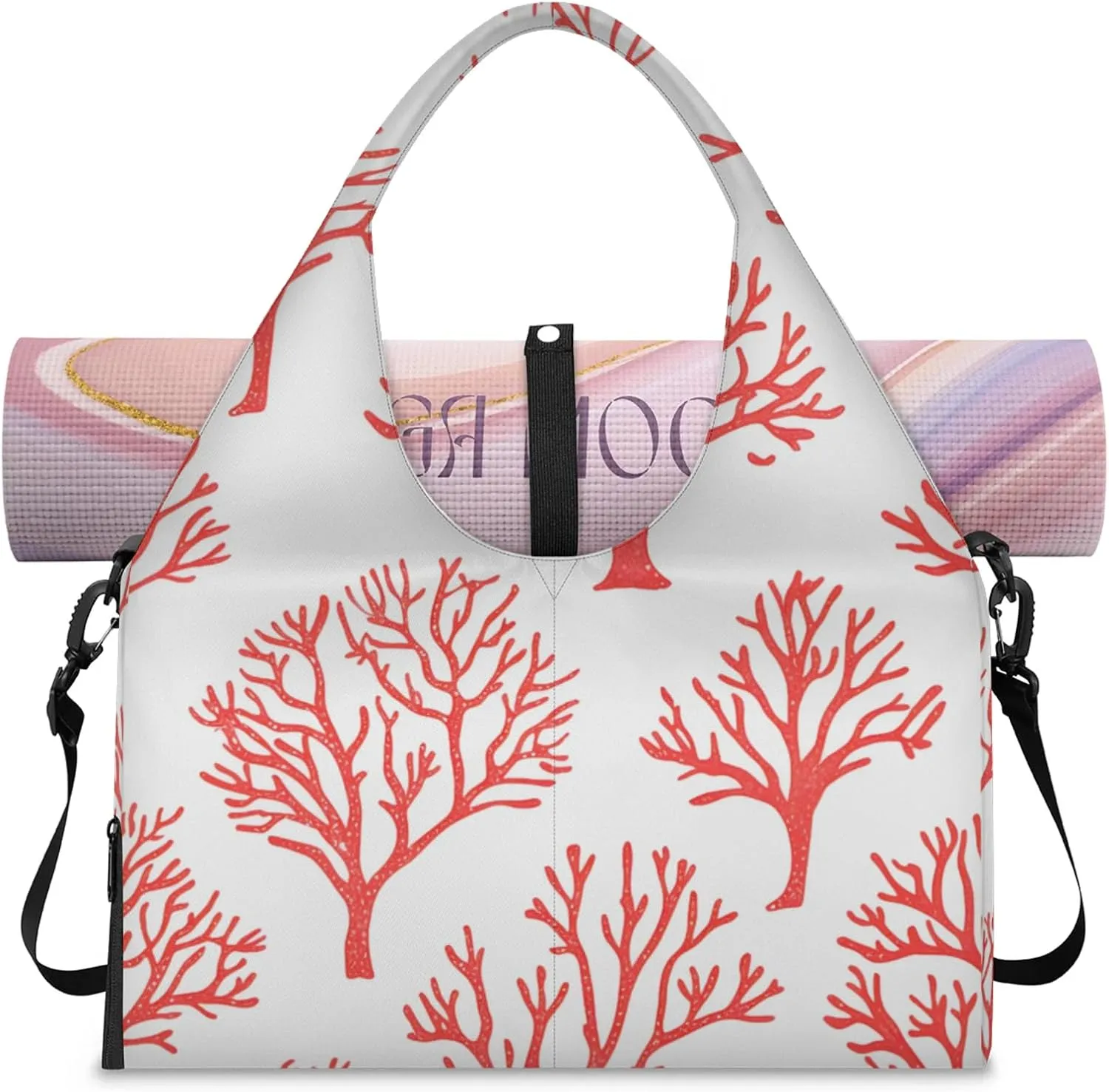 Gym Bag for Women Coral Prints Duffel Bag with Shoe Compartment and Yoga Mat Holder Portable Weekender Bags Travel Tote Bags