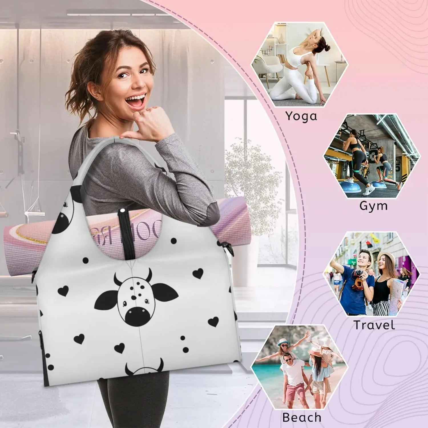 Gym Bag for Women Cows Love Heart Duffel Bag with Shoe Compartment and Yoga Mat Holder Portable Weekender Bags Travel Tote Bags