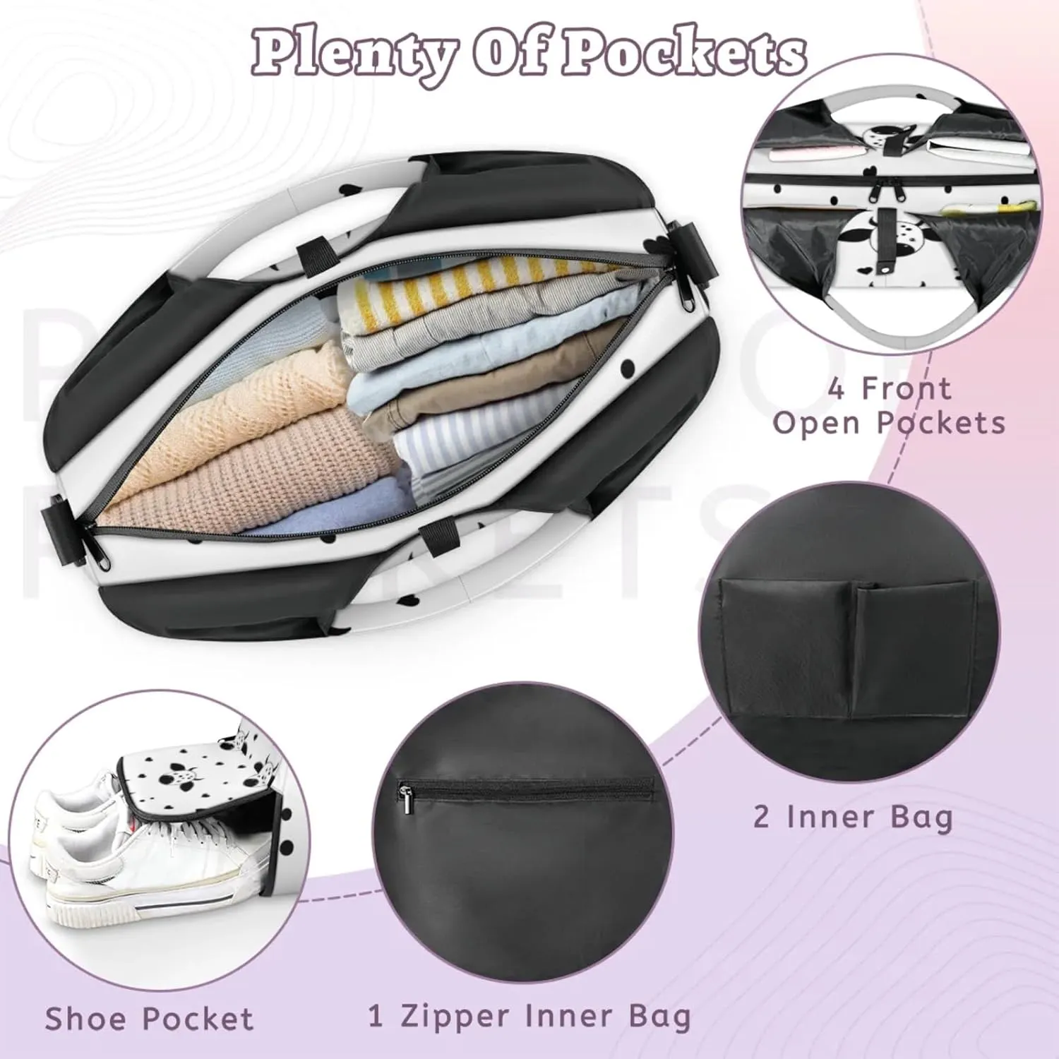 Gym Bag for Women Cows Love Heart Duffel Bag with Shoe Compartment and Yoga Mat Holder Portable Weekender Bags Travel Tote Bags