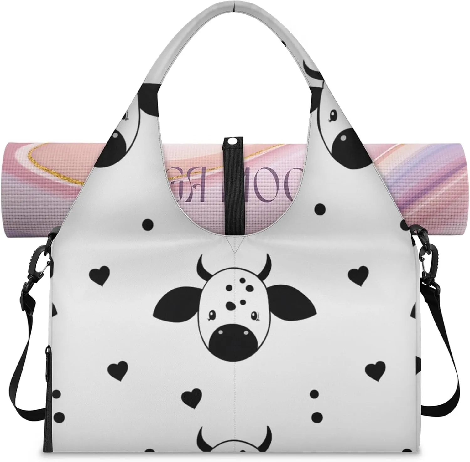 Gym Bag for Women Cows Love Heart Duffel Bag with Shoe Compartment and Yoga Mat Holder Portable Weekender Bags Travel Tote Bags