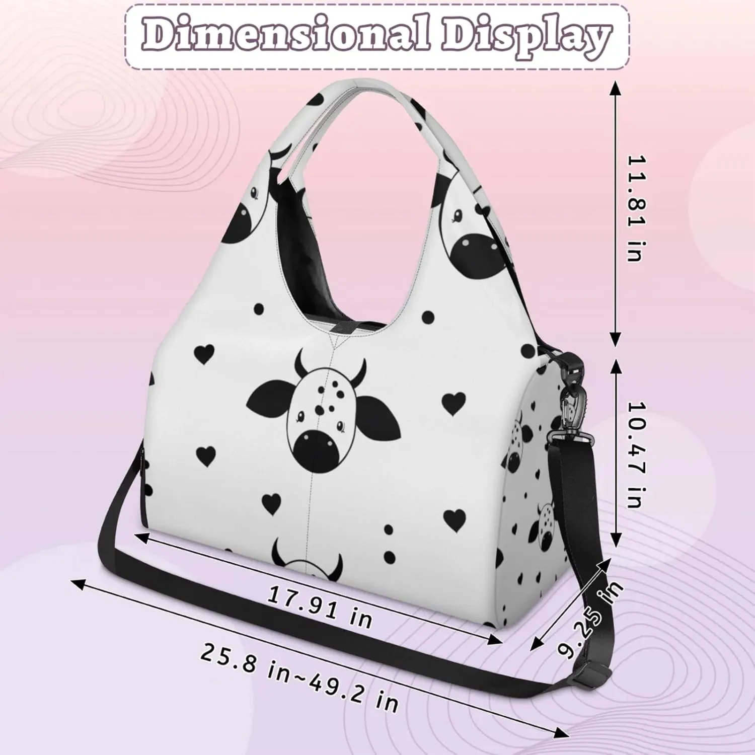 Gym Bag for Women Cows Love Heart Duffel Bag with Shoe Compartment and Yoga Mat Holder Portable Weekender Bags Travel Tote Bags