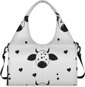 Gym Bag for Women Cows Love Heart Duffel Bag with Shoe Compartment and Yoga Mat Holder Portable Weekender Bags Travel Tote Bags