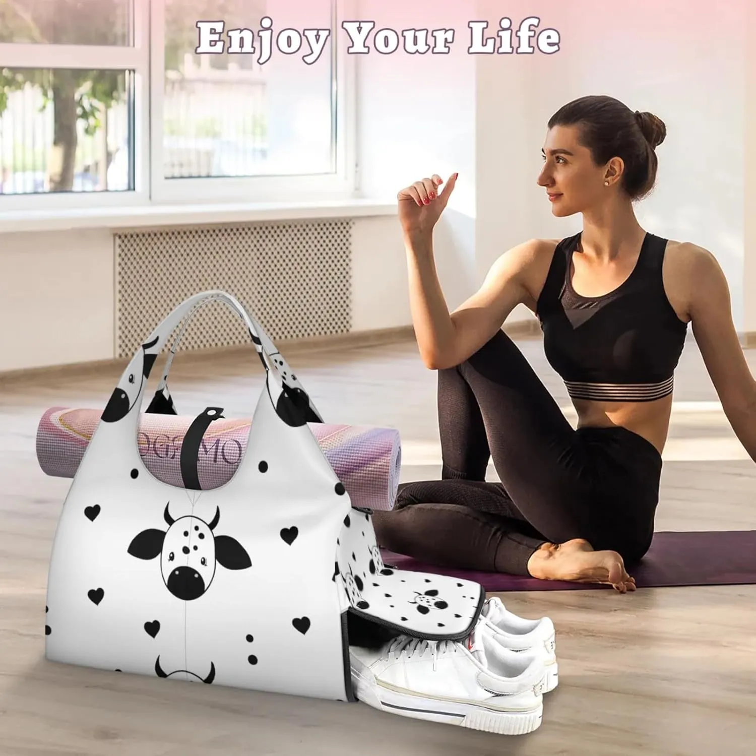 Gym Bag for Women Cows Love Heart Duffel Bag with Shoe Compartment and Yoga Mat Holder Portable Weekender Bags Travel Tote Bags