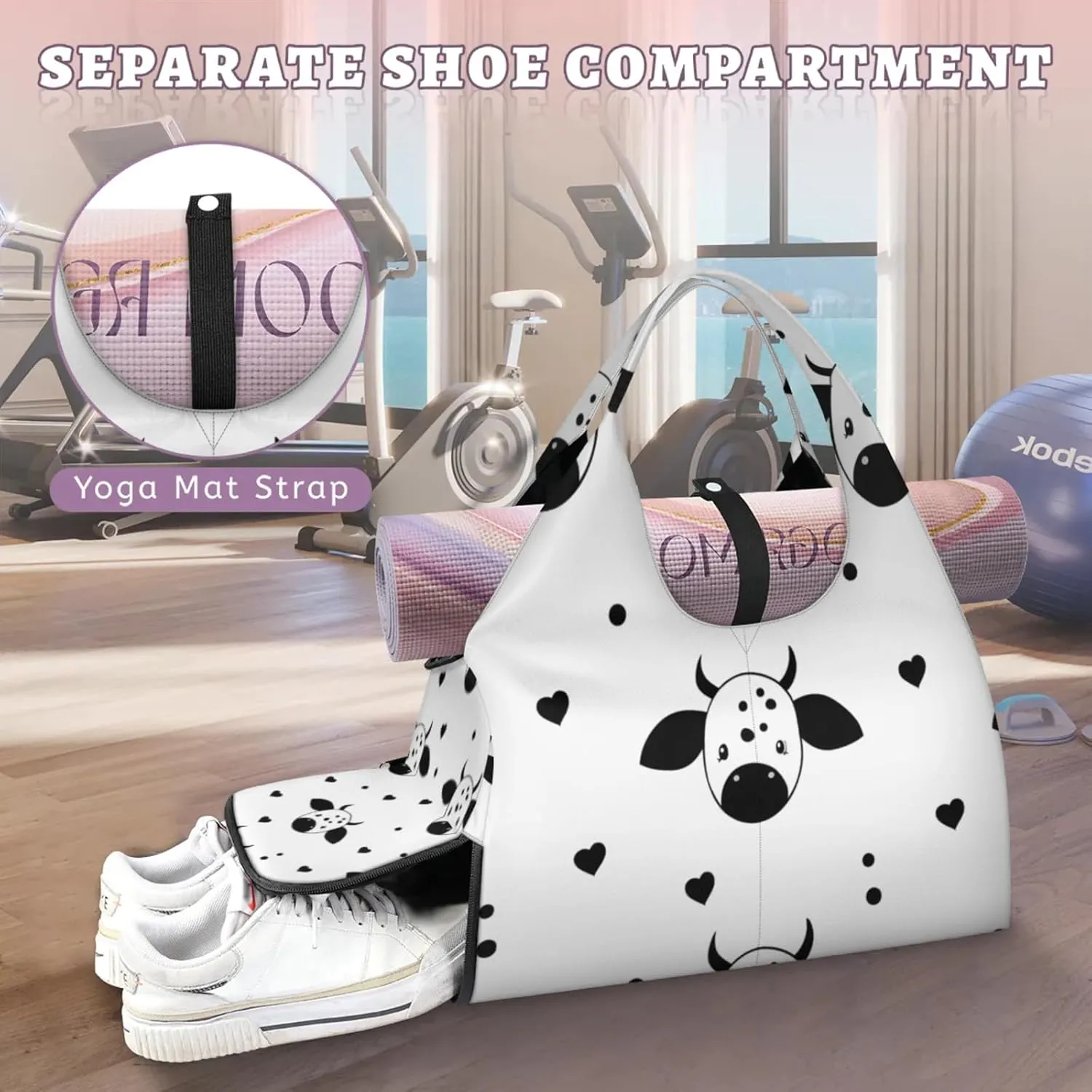 Gym Bag for Women Cows Love Heart Duffel Bag with Shoe Compartment and Yoga Mat Holder Portable Weekender Bags Travel Tote Bags
