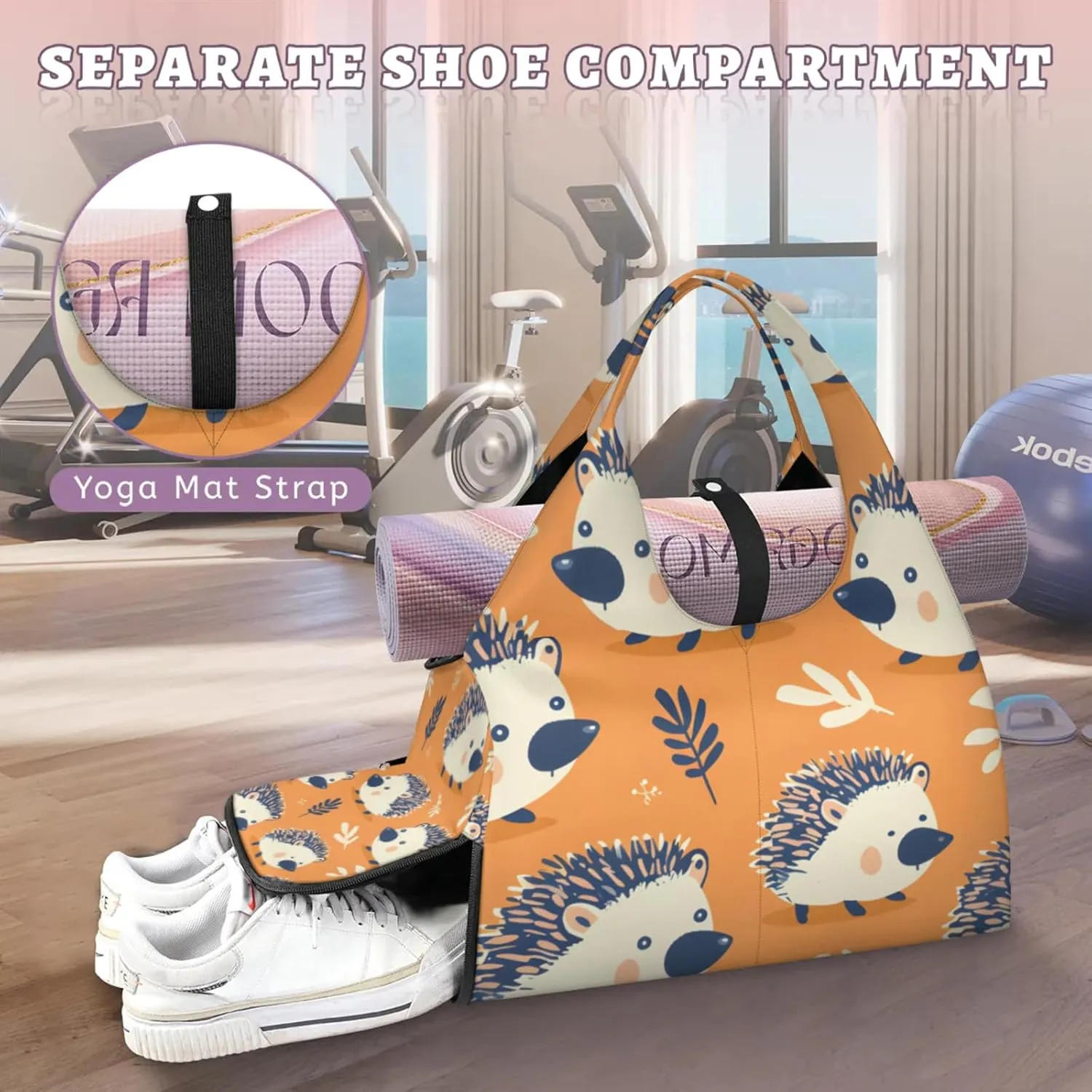 Gym Bag for Women Hedgehogs Duffel Bag with Shoe Compartment and Yoga Mat Holder Portable Weekender Bags Travel Tote Bags