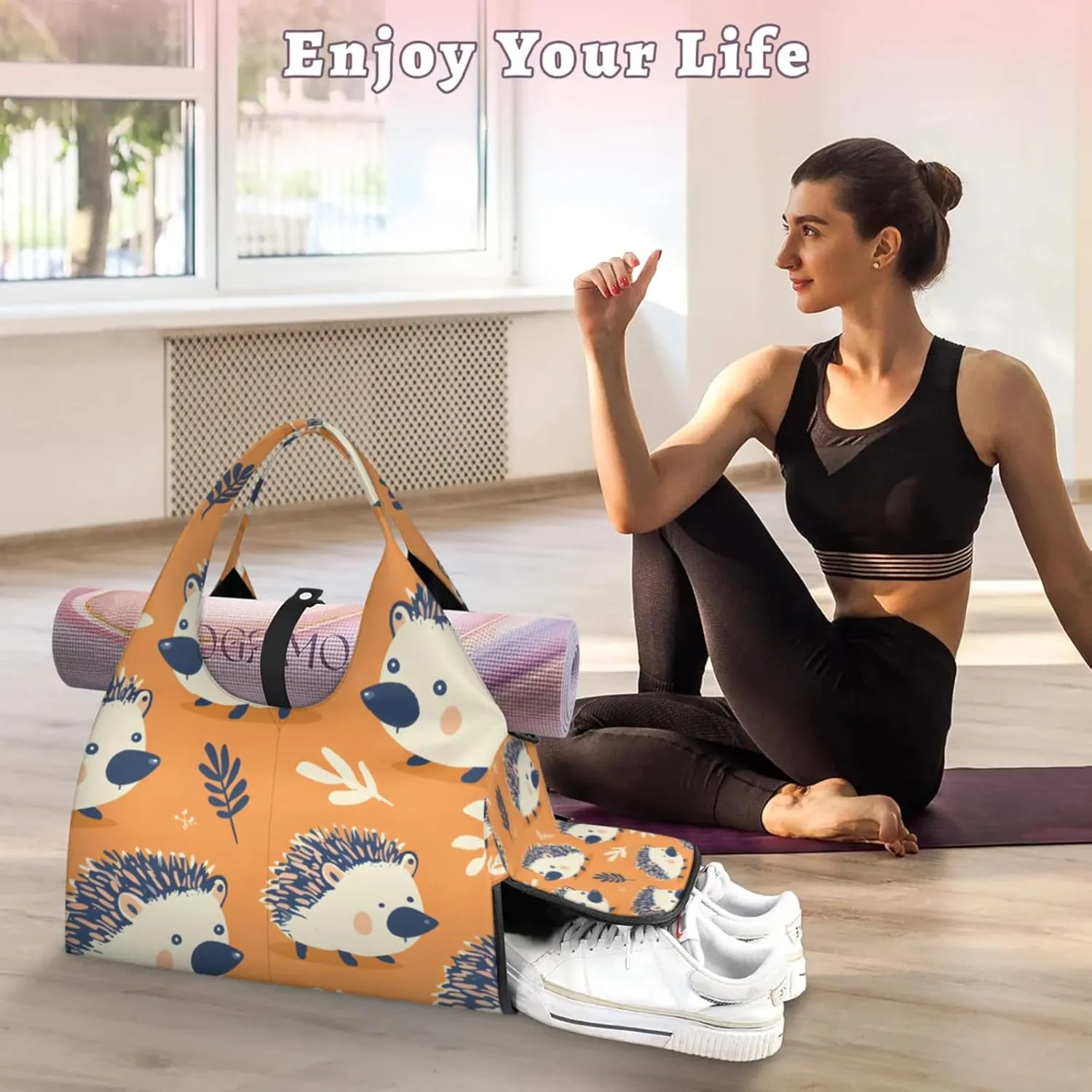 Gym Bag for Women Hedgehogs Duffel Bag with Shoe Compartment and Yoga Mat Holder Portable Weekender Bags Travel Tote Bags