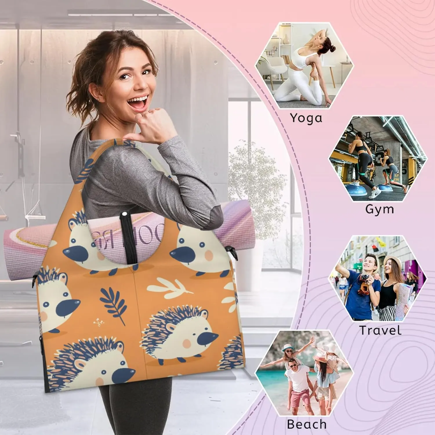 Gym Bag for Women Hedgehogs Duffel Bag with Shoe Compartment and Yoga Mat Holder Portable Weekender Bags Travel Tote Bags