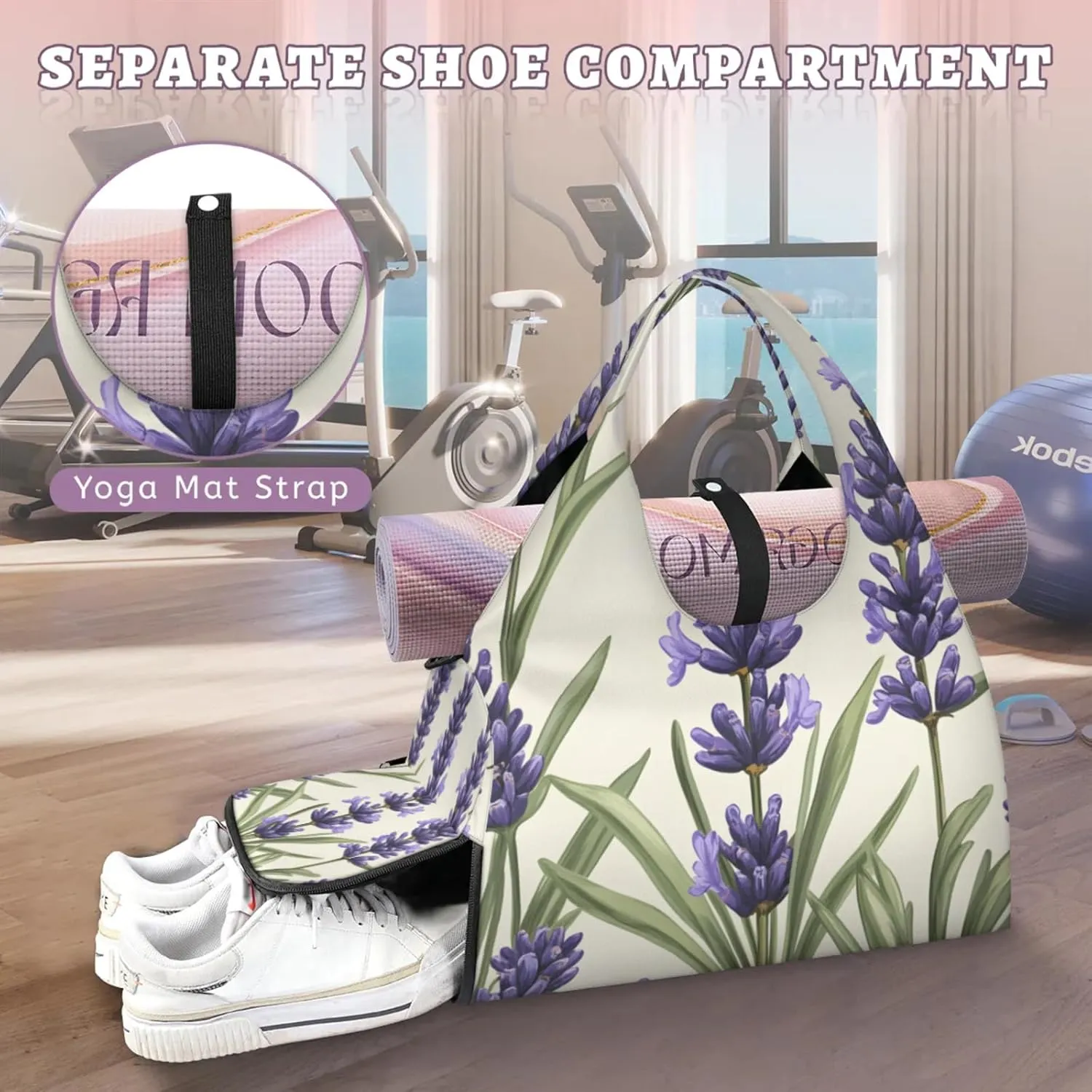 Gym Bag for Women Lavenders Theme Duffel Bag with Shoe Compartment and Yoga Mat Holder Portable Weekender Bags Travel Tote Bags