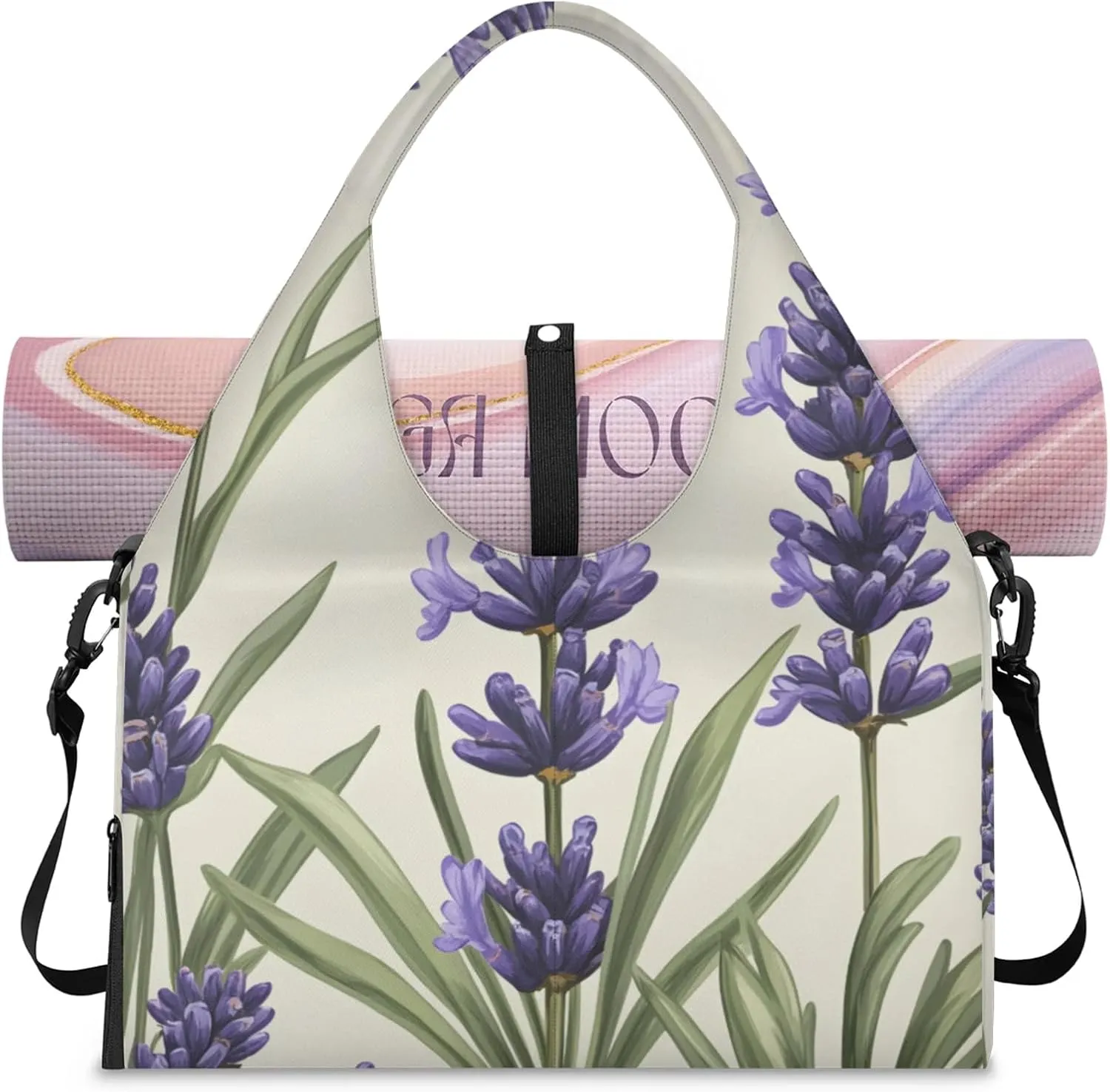 Gym Bag for Women Lavenders Theme Duffel Bag with Shoe Compartment and Yoga Mat Holder Portable Weekender Bags Travel Tote Bags