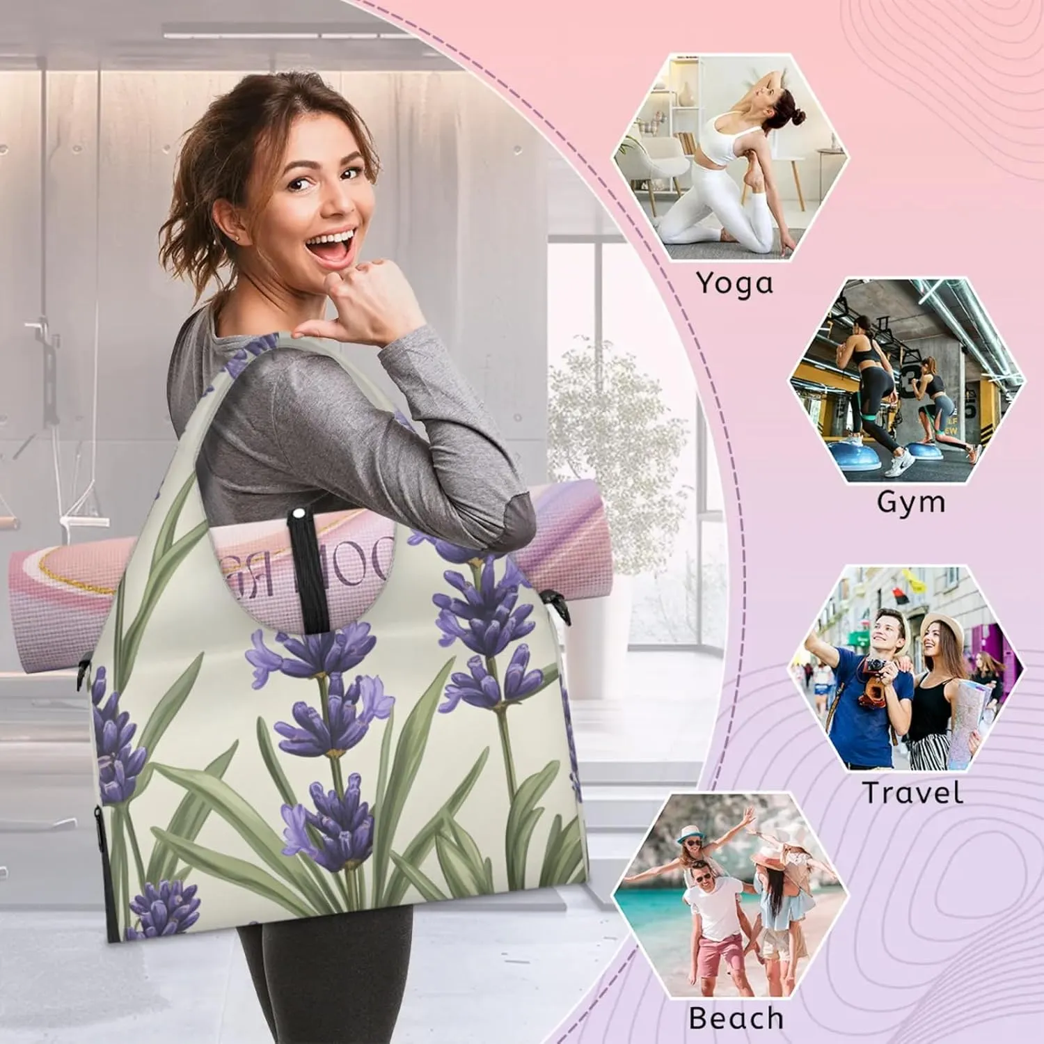 Gym Bag for Women Lavenders Theme Duffel Bag with Shoe Compartment and Yoga Mat Holder Portable Weekender Bags Travel Tote Bags