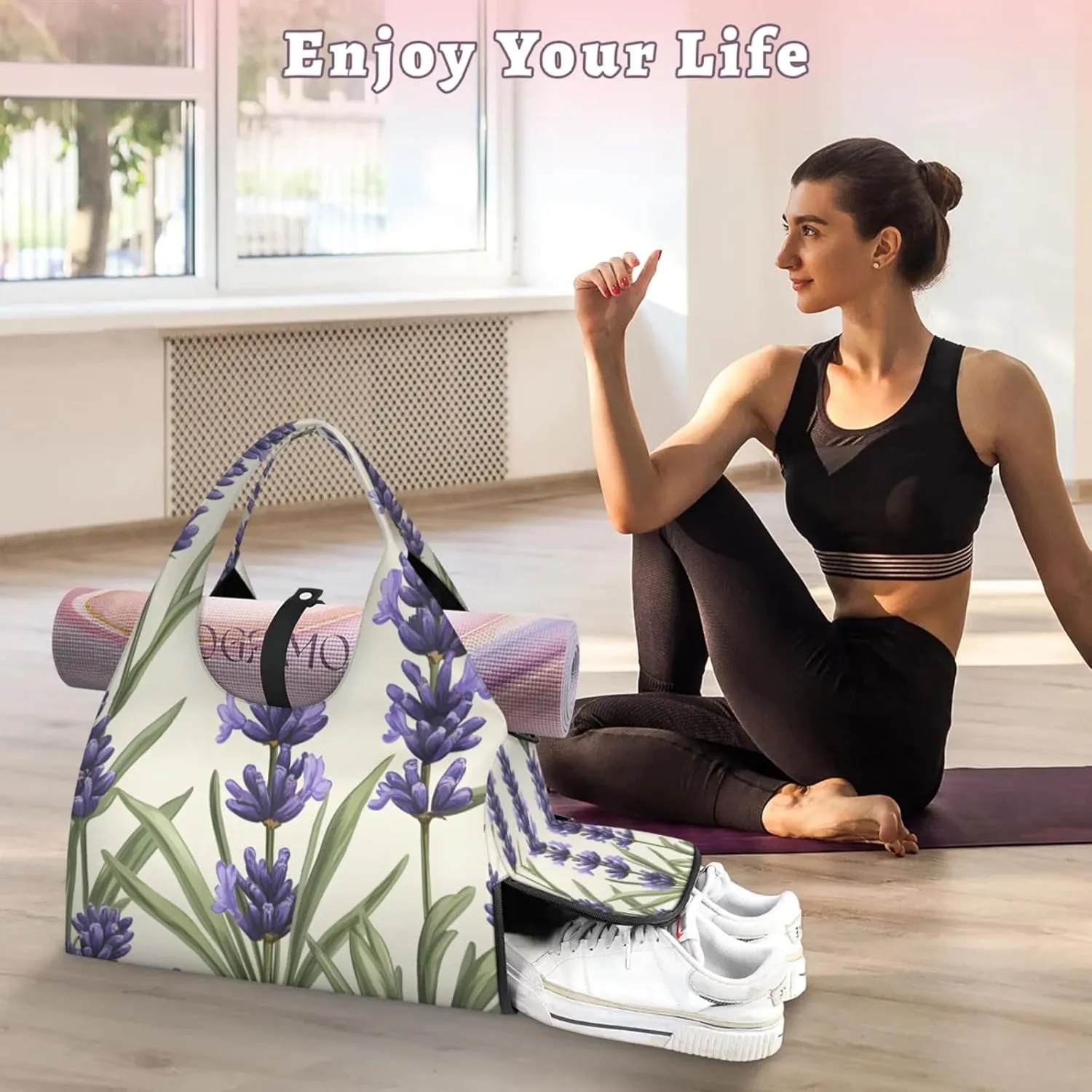 Gym Bag for Women Lavenders Theme Duffel Bag with Shoe Compartment and Yoga Mat Holder Portable Weekender Bags Travel Tote Bags