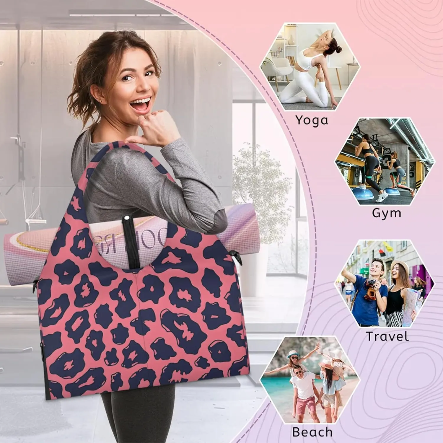 Gym Bag for Women Leopards Prints Duffel Bag with Shoe Compartment and Yoga Mat Holder Portable Weekender Bags Travel Tote Bags