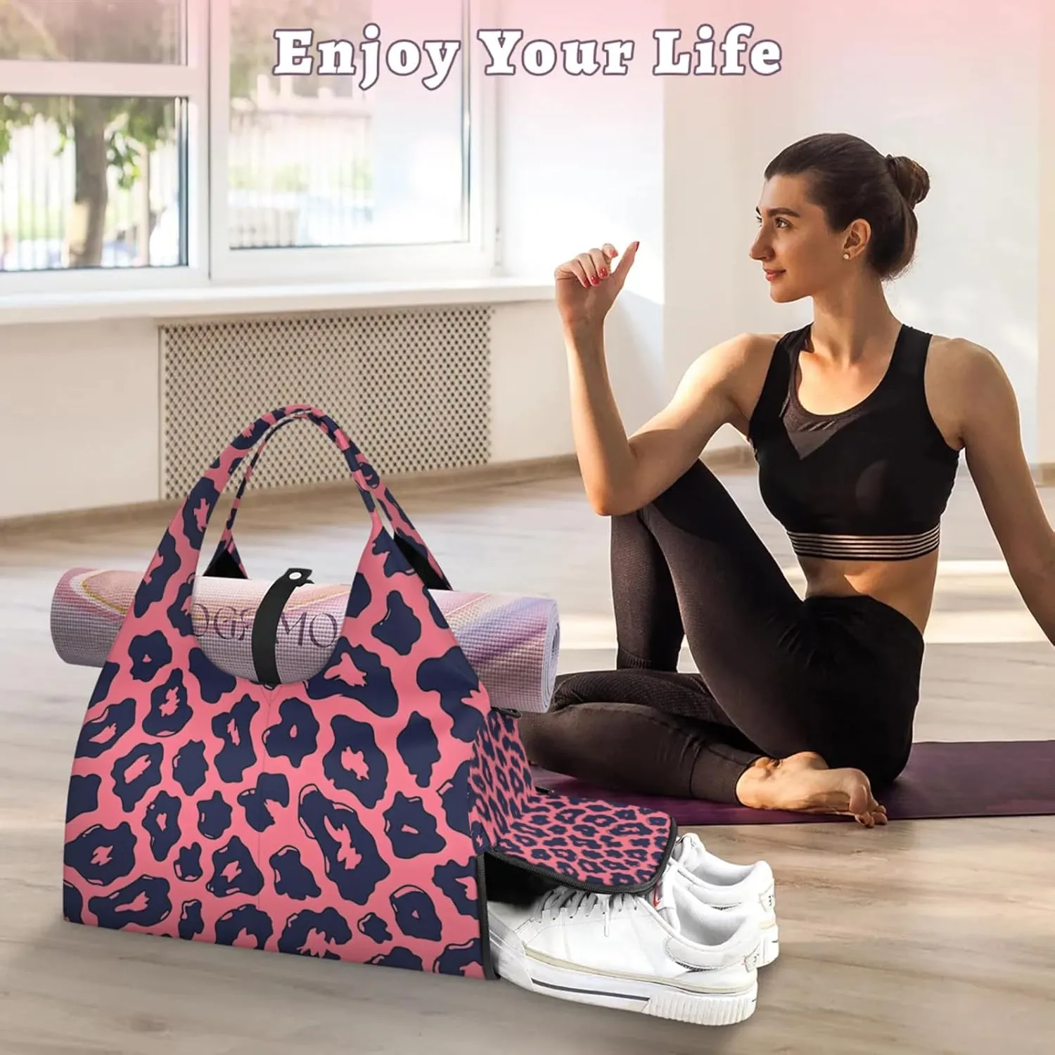 Gym Bag for Women Leopards Prints Duffel Bag with Shoe Compartment and Yoga Mat Holder Portable Weekender Bags Travel Tote Bags