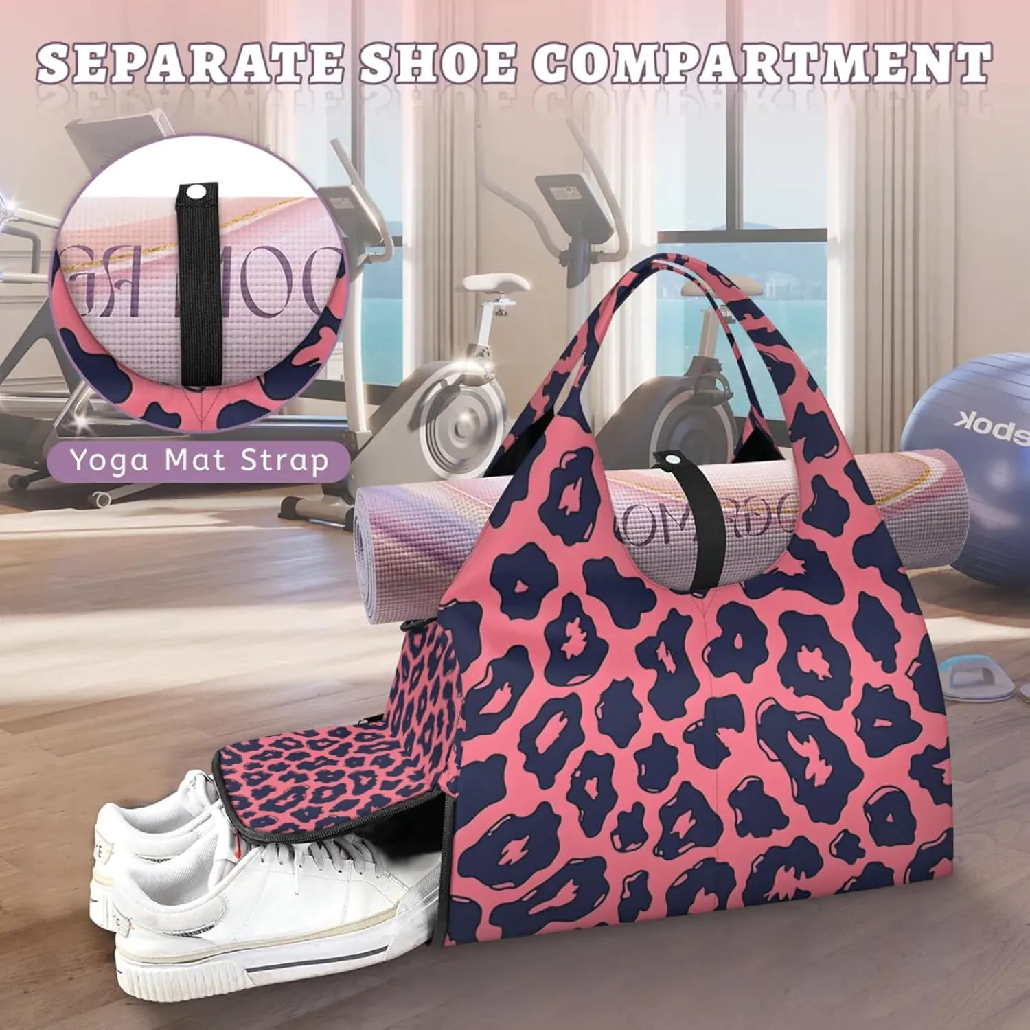 Gym Bag for Women Leopards Prints Duffel Bag with Shoe Compartment and Yoga Mat Holder Portable Weekender Bags Travel Tote Bags