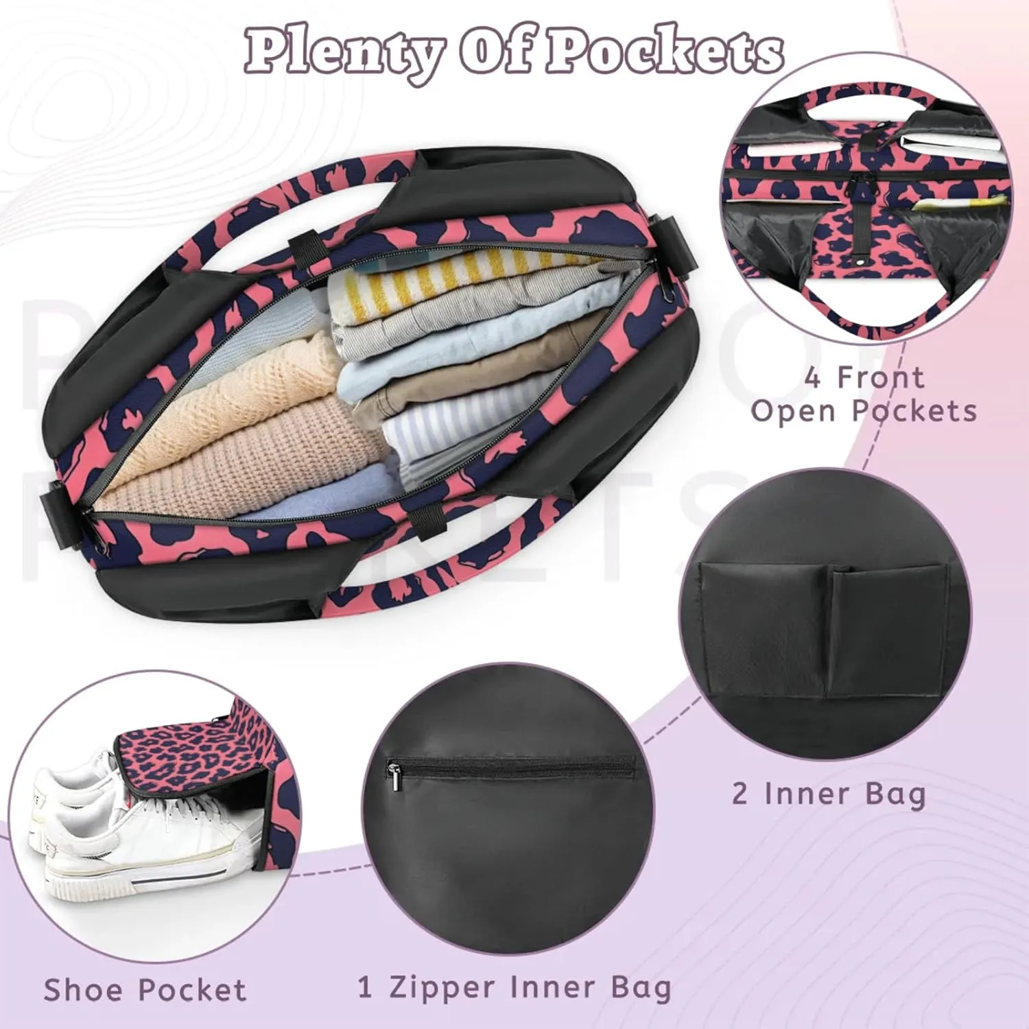 Gym Bag for Women Leopards Prints Duffel Bag with Shoe Compartment and Yoga Mat Holder Portable Weekender Bags Travel Tote Bags