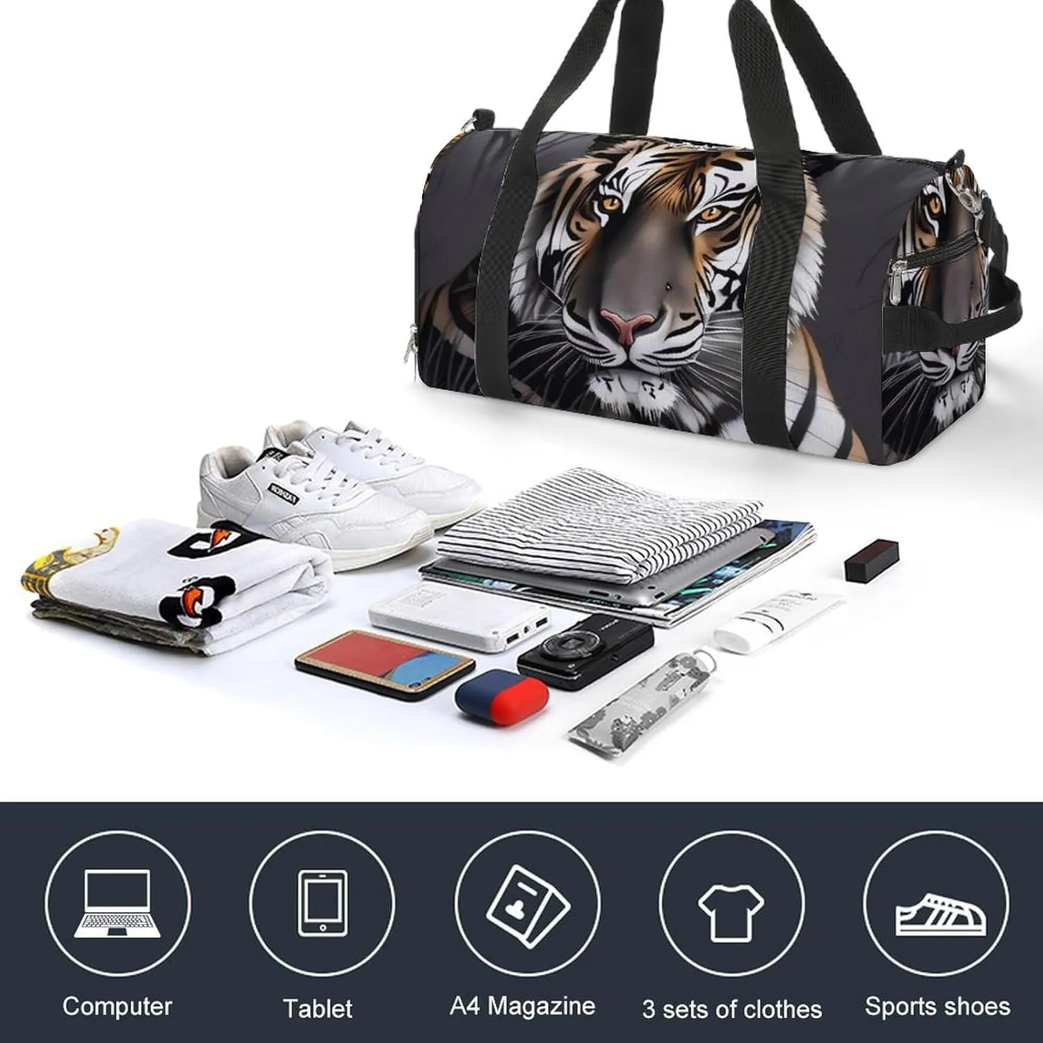 Gym Bag Tiger at Rest Duffel Bag for Men Women Travel Overnight Bag with Shoe Compartment Workout Bags