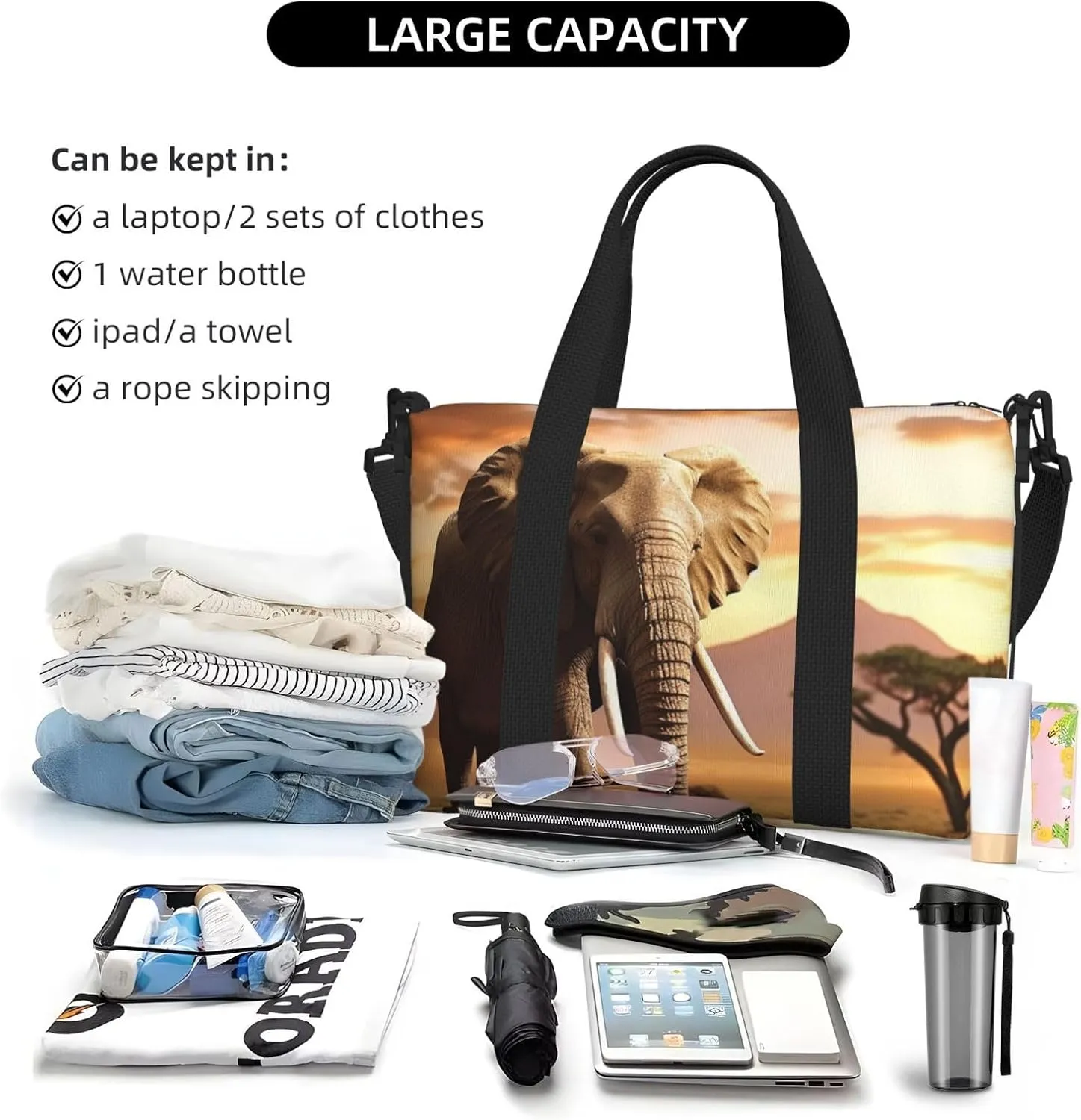 Gym Bag Walking Elephant1 Duffel Bag for Men Women Travel Overnight Bag with Shoe Compartment Workout Bags