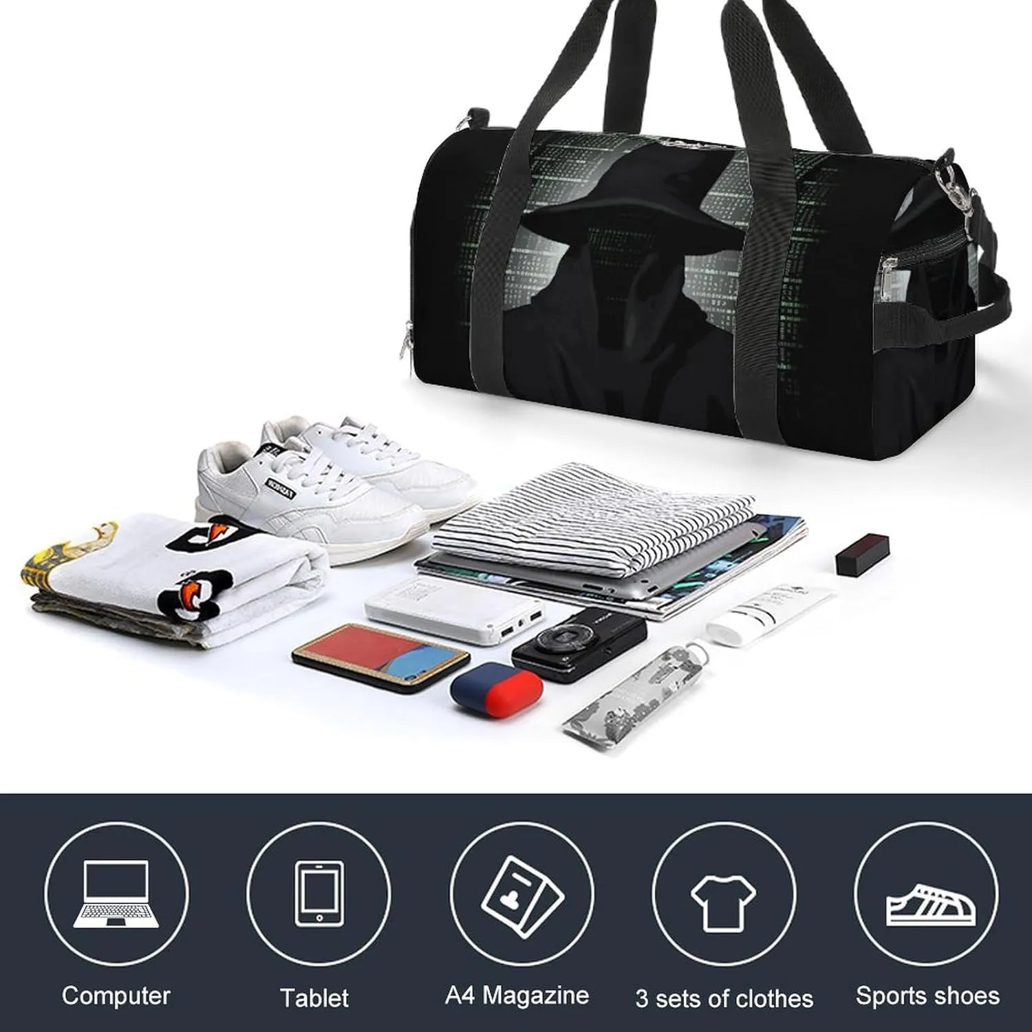 Gym Bags Small Black Hat Dark Side Hacker Duffel Bag Overnight Bag with Shoe Compartment Carryon Bag for Men Women