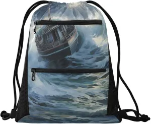 Gym Drawstring Backpack Sports String Bags Training Gym Sack Sailing Sailboat 1 with Zipper Pocket Small