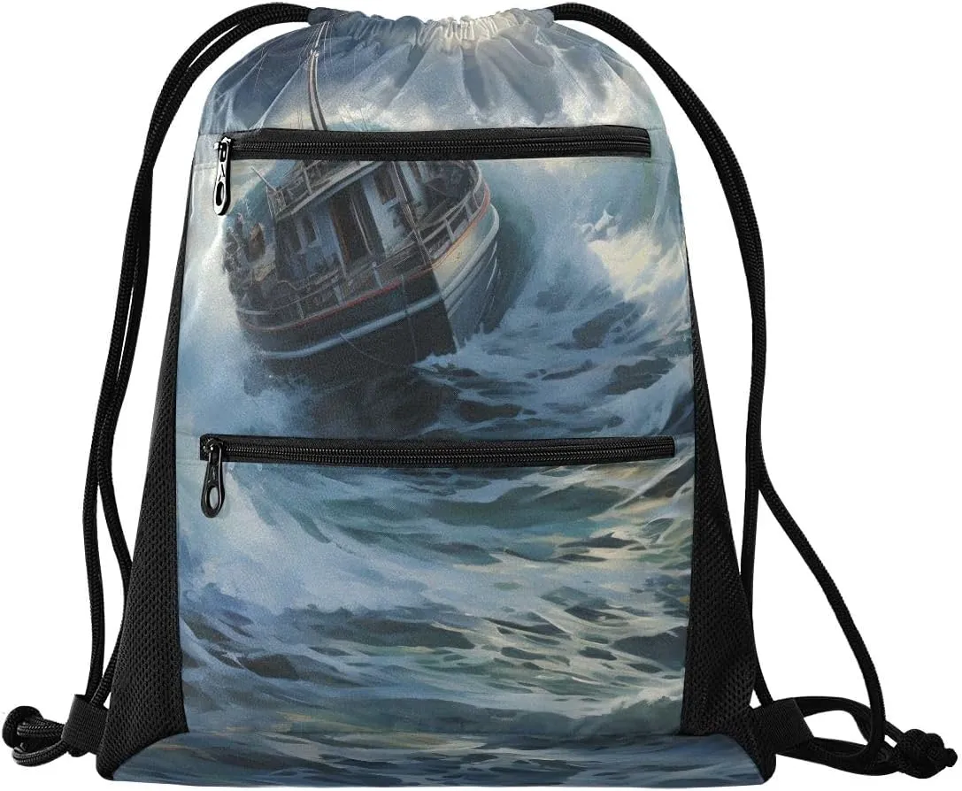 Gym Drawstring Backpack Sports String Bags Training Gym Sack Sailing Sailboat 1 with Zipper Pocket Small
