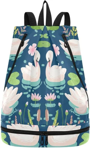 Gym Drawstring Bags Daypacks Backpack Purse Casual Knapsack Shoulder Bag Sitting Rucksack Swimming Equipment Bags White Swans Water Lilies Green Leaves Pond