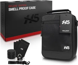 H5 Large Smell Proof Stash Box Set - Premium YKK Zippers - Odor Proof Dog Tested Bag Plus Smellproof Container, 4X Resealable Pouches, Strap, Combo Lock- Smell Proof Case/No Scent Travel Storage Bag