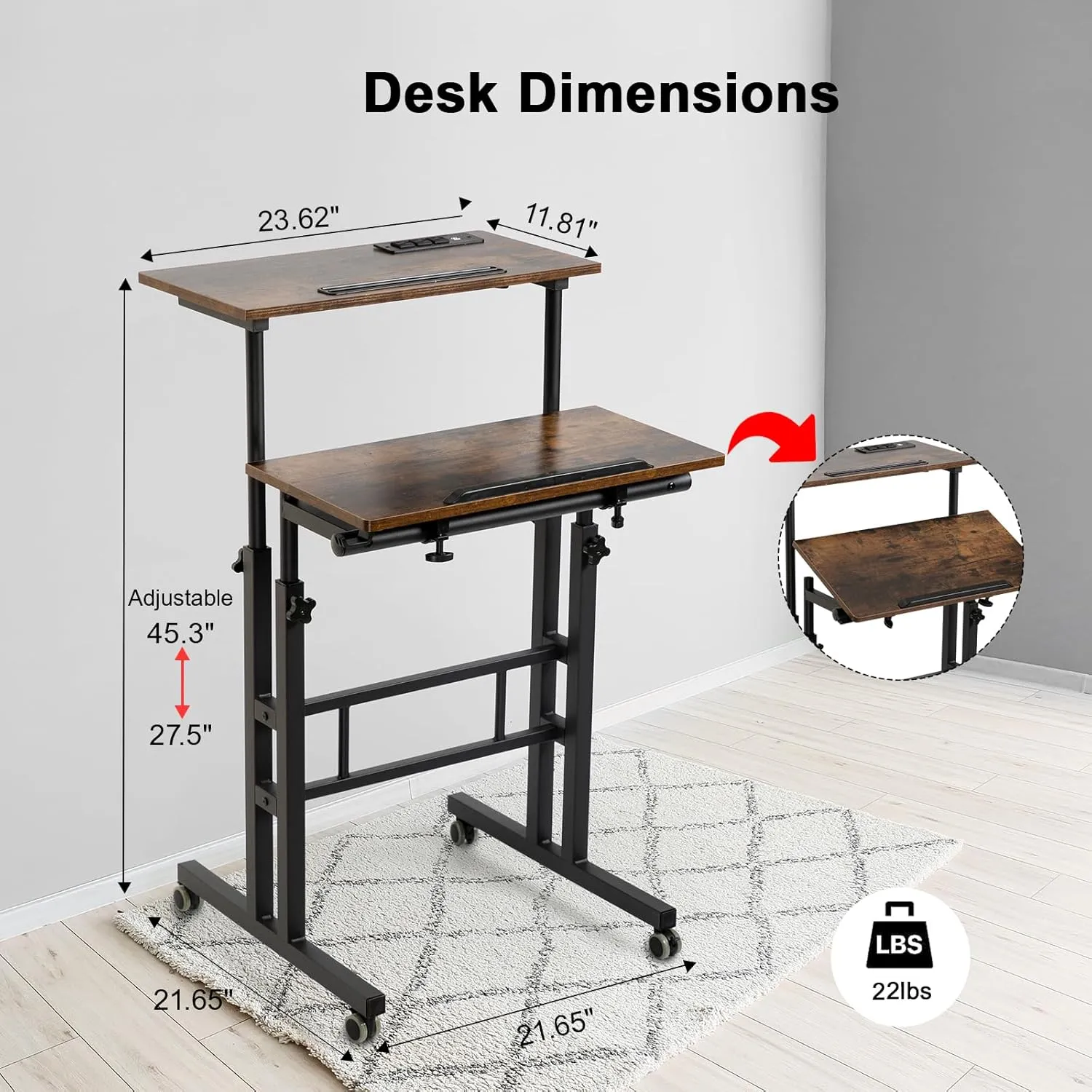 Hadulcet Mobile Standing Desk with Charging Station, Adjustable Standing Computer Desk, Standing Adjustable Laptop Cart with Wheels for Home Office Classroom Rustic Brown