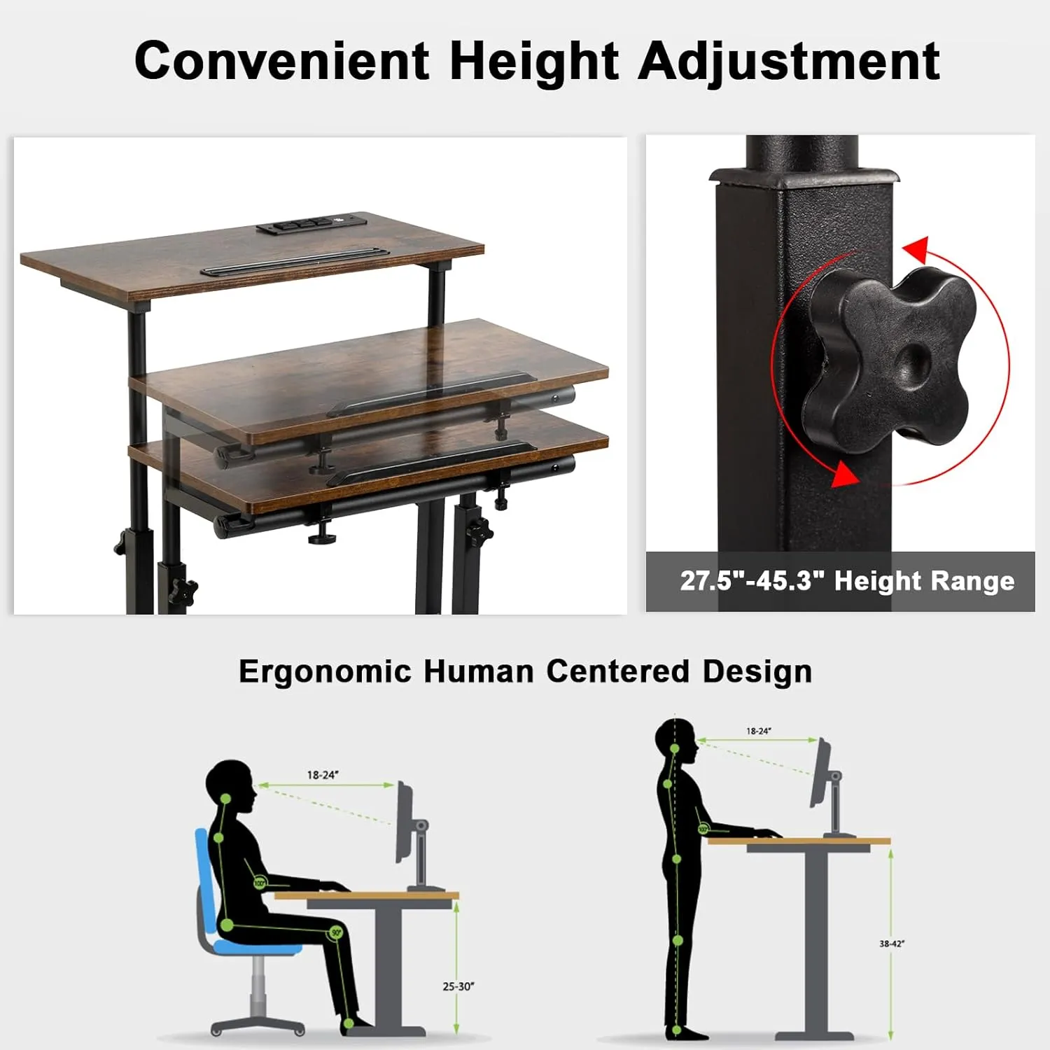 Hadulcet Mobile Standing Desk with Charging Station, Adjustable Standing Computer Desk, Standing Adjustable Laptop Cart with Wheels for Home Office Classroom Rustic Brown