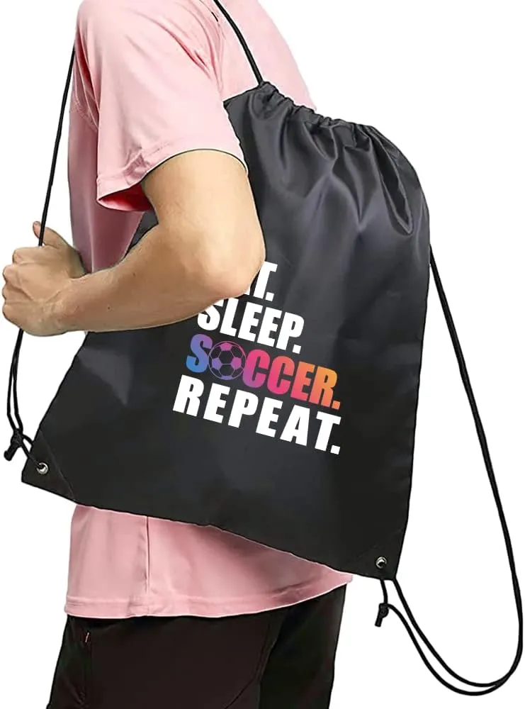 Haizct Eat Sleep Soccer Repeat Soccer Drawstring Bag for, Sport Player Gift, Soccer Player Gift, Unisex Drawstring Backpack Bag for Gym Shopping Sport Yoga Dance Rehearsal