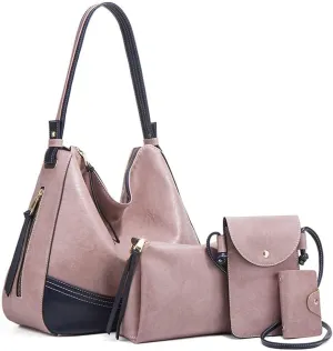 Handbags for Women Tote Bags Color Block Large Capacity Shoulder Bags Card Hold 4 Pcs Set