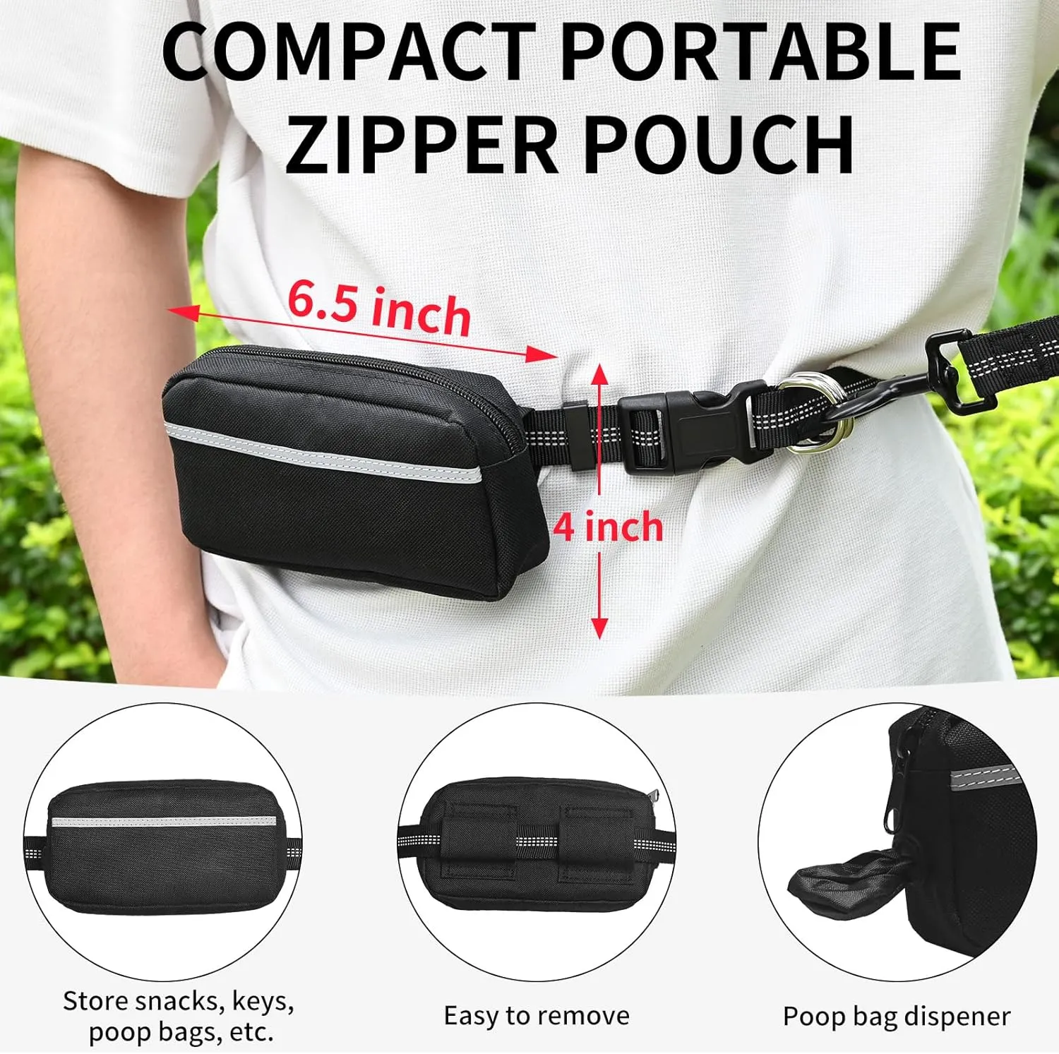 Hands Free Dog Leash with Zipper Pouch, Retractable Bungee Waist Leash with Dual Padded Handles & Waist Belt Fanny Pack for Medium & Large Dog Training Walking Running Hiking Jogging (Red)