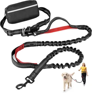 Hands Free Dog Leash with Zipper Pouch, Retractable Bungee Waist Leash with Dual Padded Handles & Waist Belt Fanny Pack for Medium & Large Dog Training Walking Running Hiking Jogging (Red)
