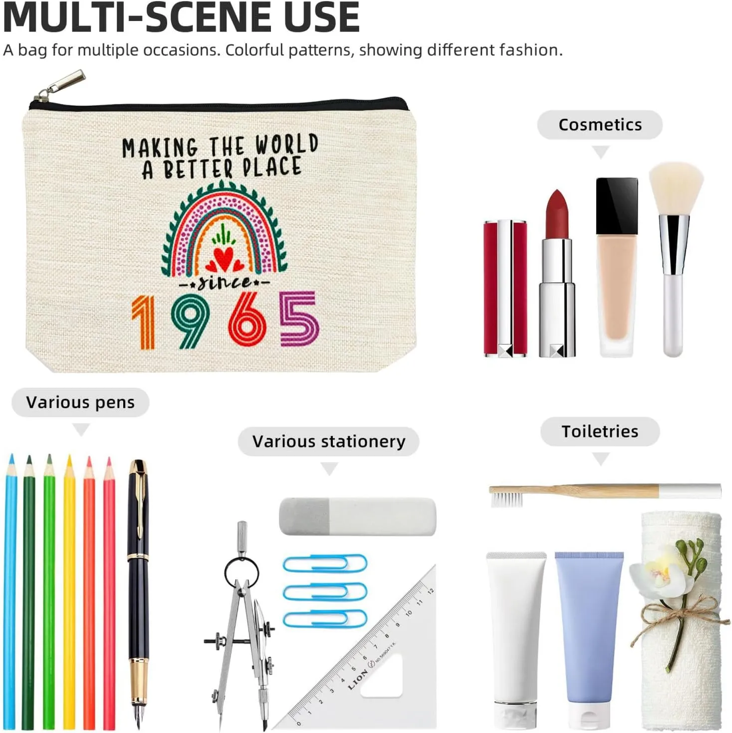 Happy 60th Birthday Gifts for Her Women Makeup Bag, Best 1965 Anniversary 60th Birthday Decorations, 60 Year old and Fabulous Gifts Ideas for Wife, Mom, Mothers Day, Christmas Cosmetic Travel Pouch