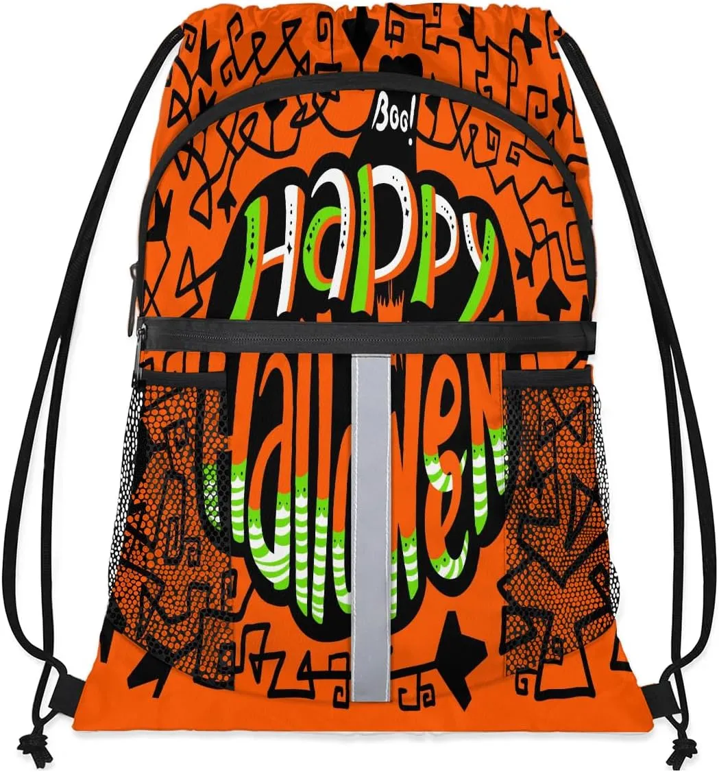 Happy Halloween Topic Drawstring Backpack Sports Gym Bag for Men Women Draw String Polyester Sackpack Reflective String Bags Cinch Bag with Zipper Pockets and Mesh Pockets